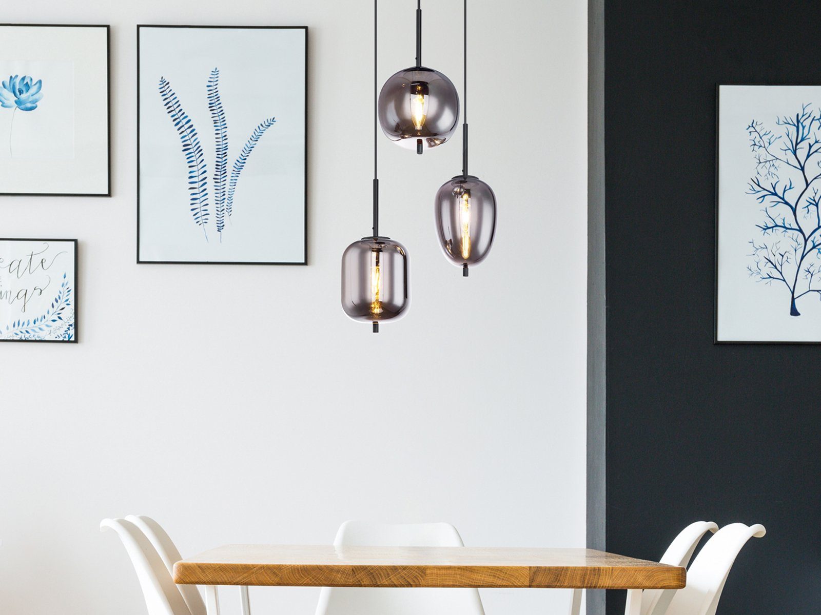 GLOBO LIGHTING LED Pendelleuchte, Leuchtmittel stufenweise über Wandschalter dimmbar, LED wechselbar, warmweiß, Cluster Rauchglas dreiflammig Glas-kugel hängend über-n Esstisch Ø46cm