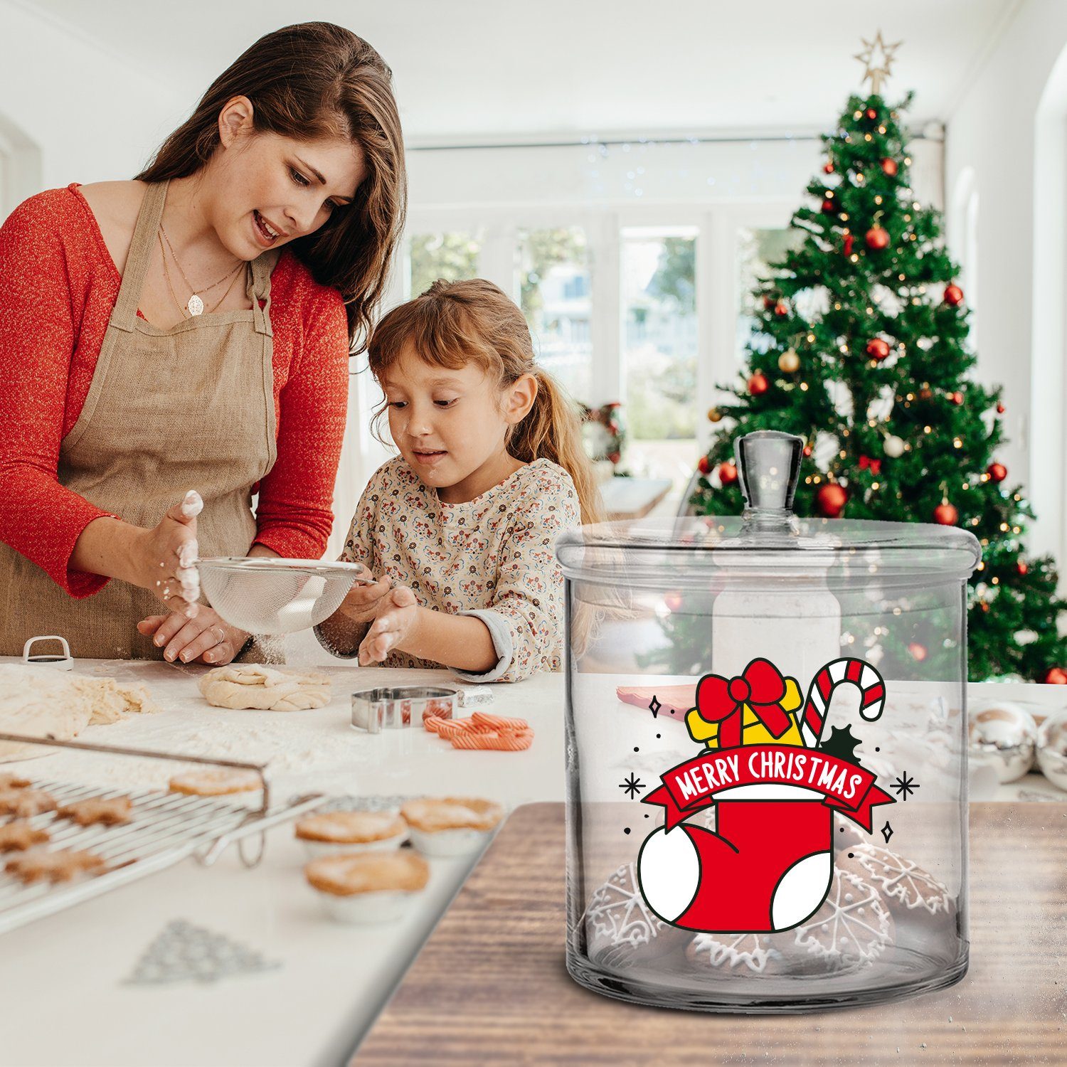Christmas Deckel, mit zu Freunde Handgefertigte für Keksdose GRAVURZEILE Familie Keksdose - mit Weihnachten UV-Druck Glas, - Stocking & Glasdose Partner,