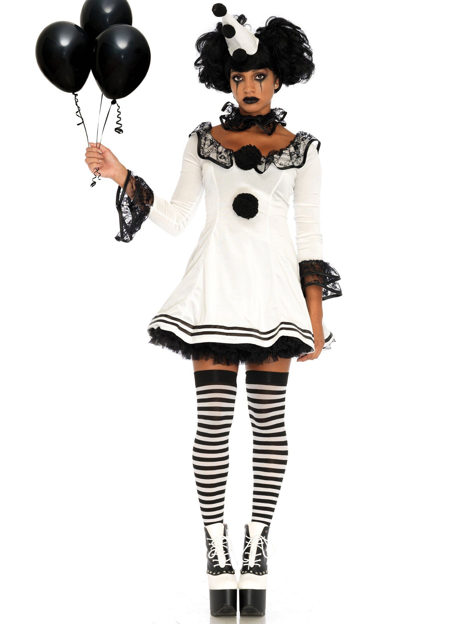 Leg Avenue Clown-Kostüm Pierrot Kleid Clown Karneval Faschingskostüm Damen, Schwarz-weißes Clownkleid für monochrome Gemüter