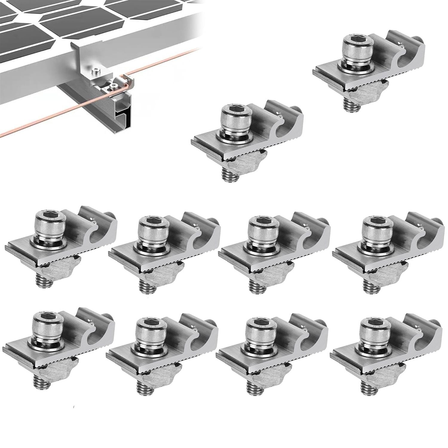 JOYOLEDER Solarmodul-Halterung Erdungsklemme für PV Module 10 Stück I Solar Panel Klemmen, (aus robustem & hochwertigem Aluminium I rostfreie & langlebige PV, 10-tlg., Erdungsklemme I praktisches Solar Zubehör mit Blitzschutz Klemme)