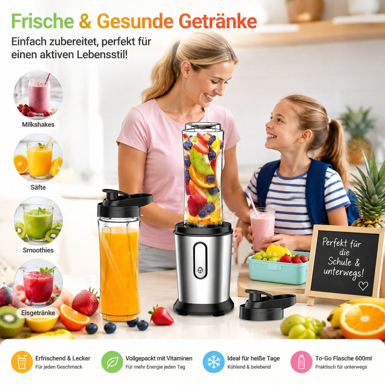 Fofile Standmixer Smoothie Maker Mixer 22.000 U/min mit 2x 600ml Becher, 500 W, BPA-frei, 304 Edelstahl Klingen, Motorbasis mit rutschfesten Pads