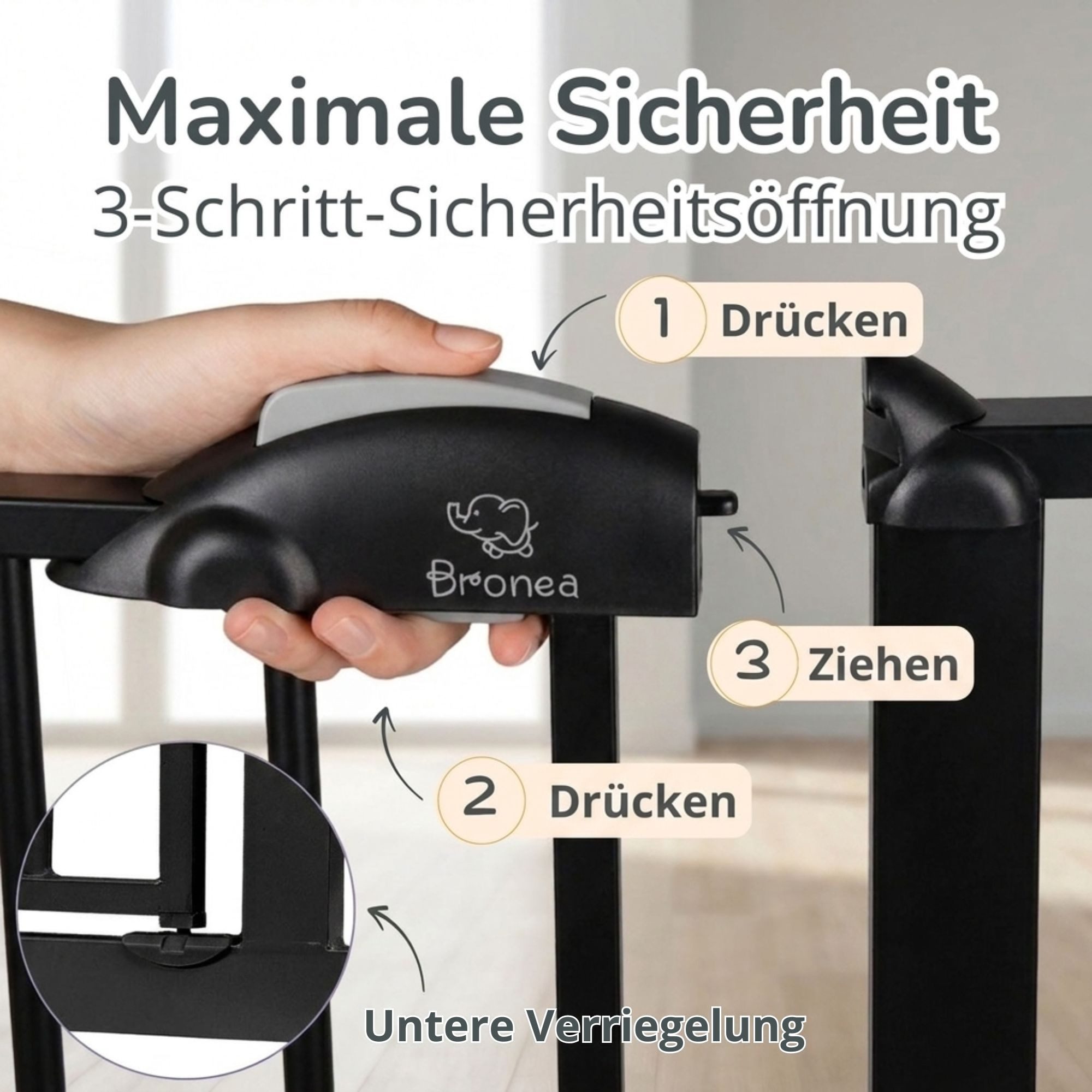 Bronea Treppenschutzgitter CLEO Türgitter ohne Bohren Kinderschutzgitter Treppengitter (zum Klemmen - ohne bohren für Tür & Treppe 75–165 cm verlängerbar, Beids – Bild 4 von 5