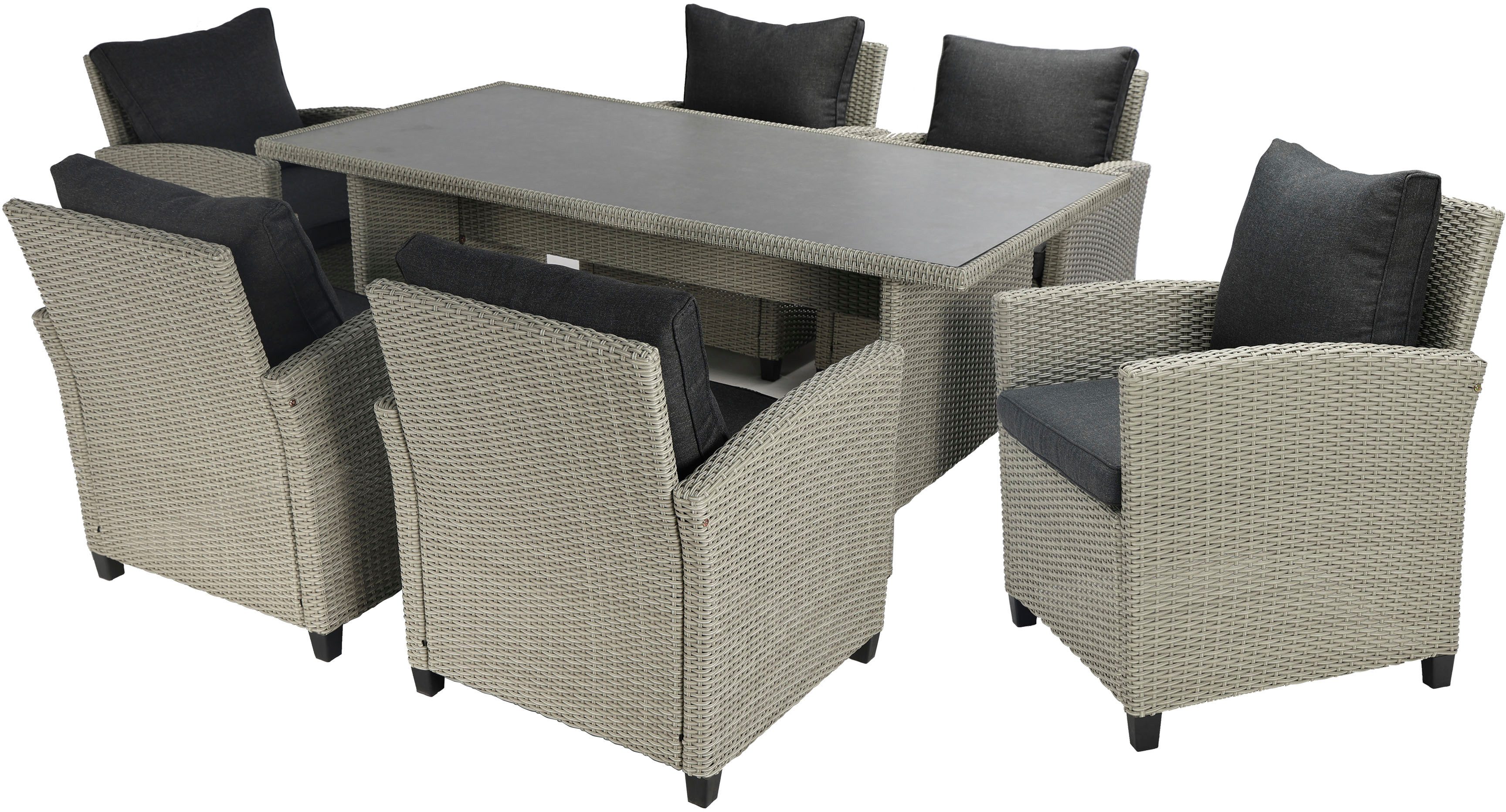 KONIFERA Garten-Essgruppe Amsterdam, (Set, 19-tlg., 6x Sessel, 6x Sitzauflagen, 6x Rückenauflagen, 1x Tisch), bestehend aus 6 Sesseln, 12 Sitz- und Rückenkissen und 1 Tisch. Reduzierter Preis € 699,99. Unverbindliche Preisempfehlung € 1.269,99