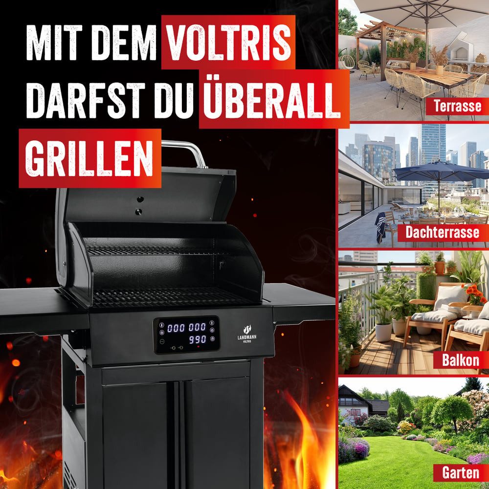 LANDMANN Elektrogrill VOLTRIS Elektro-Grillwagen, 3200 W, Leistungsstarker E-Grill mit 2 Fleischthermometern & Deckelthermometer