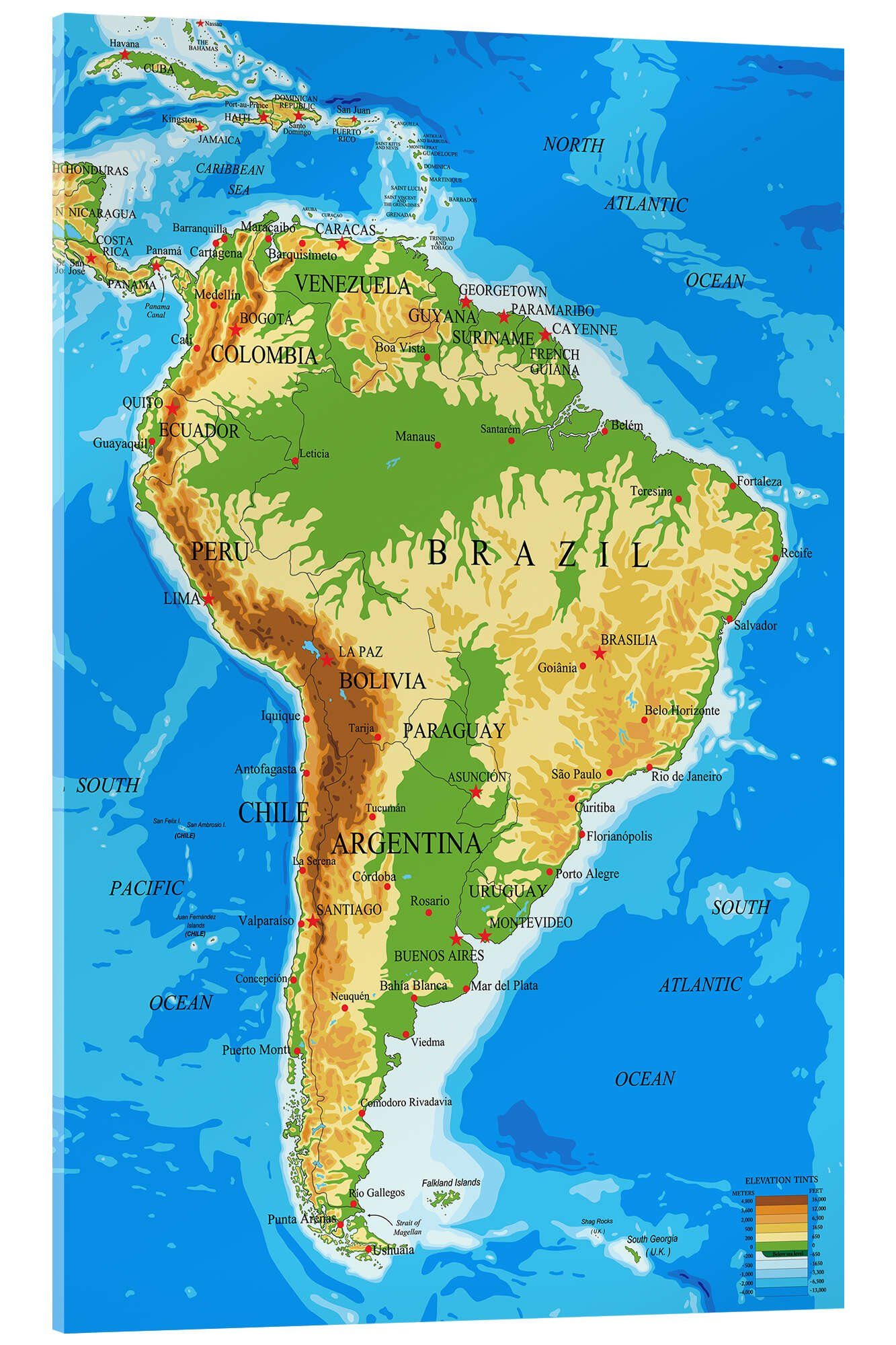 Posterlounge Acrylglasbild Editors Choice, Südamerika - Topographische Karte, Klassenzimmer Illustration