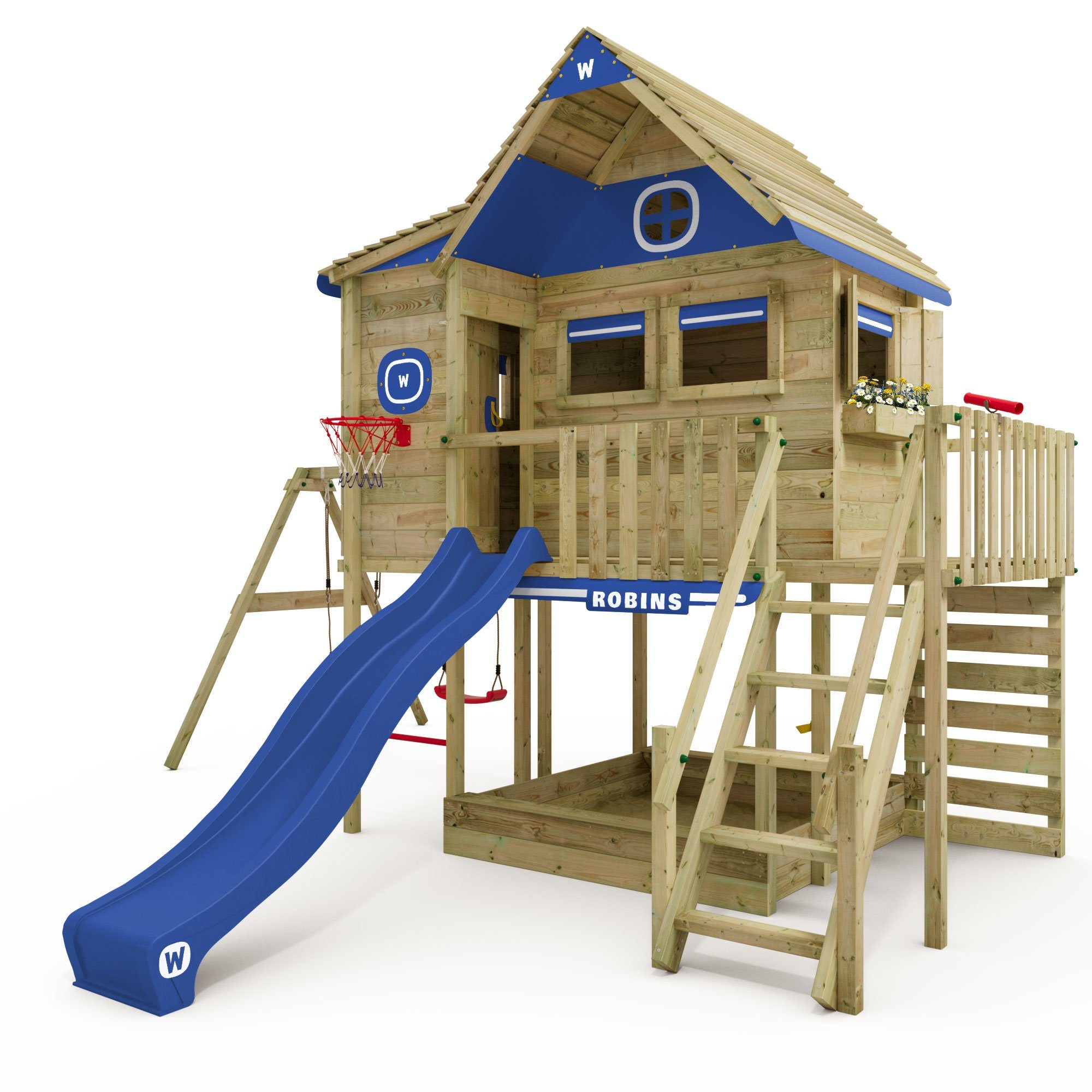 Wickey Klettergerüst Stelzenhaus Smart GreenHouse mit Schaukel & Rutsche, 10-Jahre Garantie*, Großes Spielhaus, Massive Treppe mit Handlauf blau