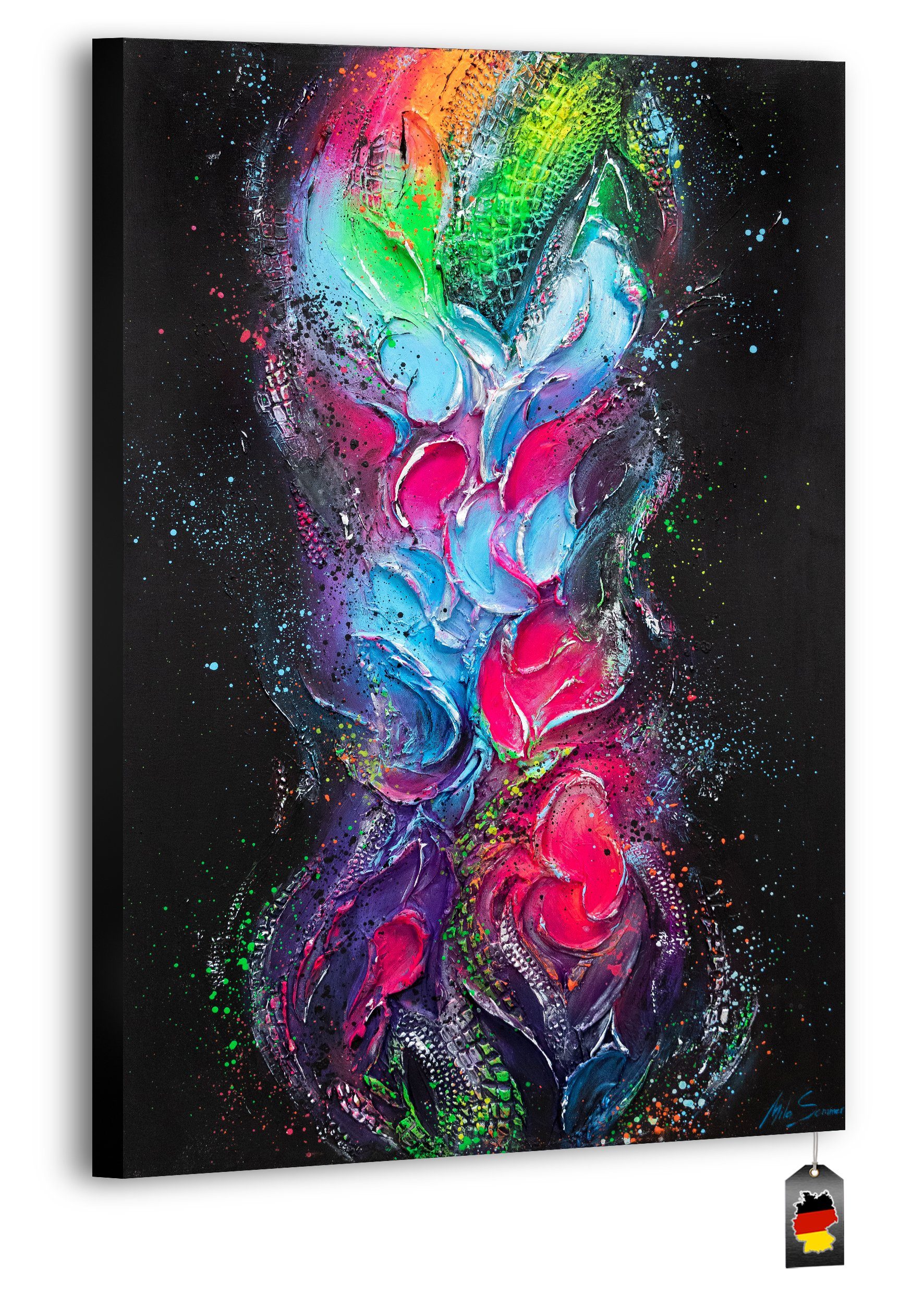 YS-Art Gemälde Abstraktion, Bild Leinwand Vertikales Regenbogen Schwarz Fokus, Bunt Handgemalt