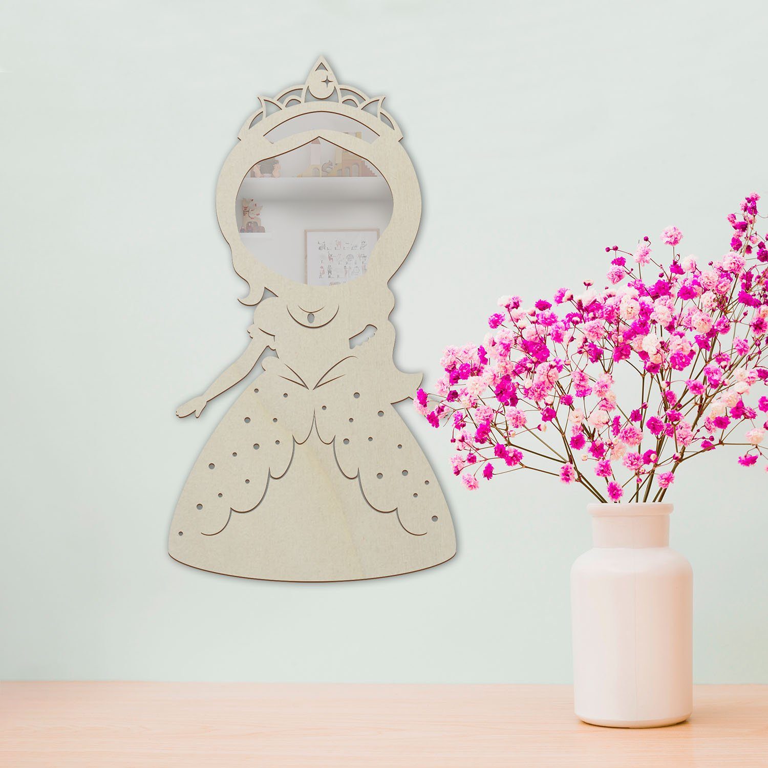 Namofactur Dekospiegel Holz Motiv Spiegel Prinzessin beleuchtet Kinderzimmer Nachtlicht Lampe, Wandspiegel mit Holzrahmen 'Prinzessin' inkl. LED Beleuchtung