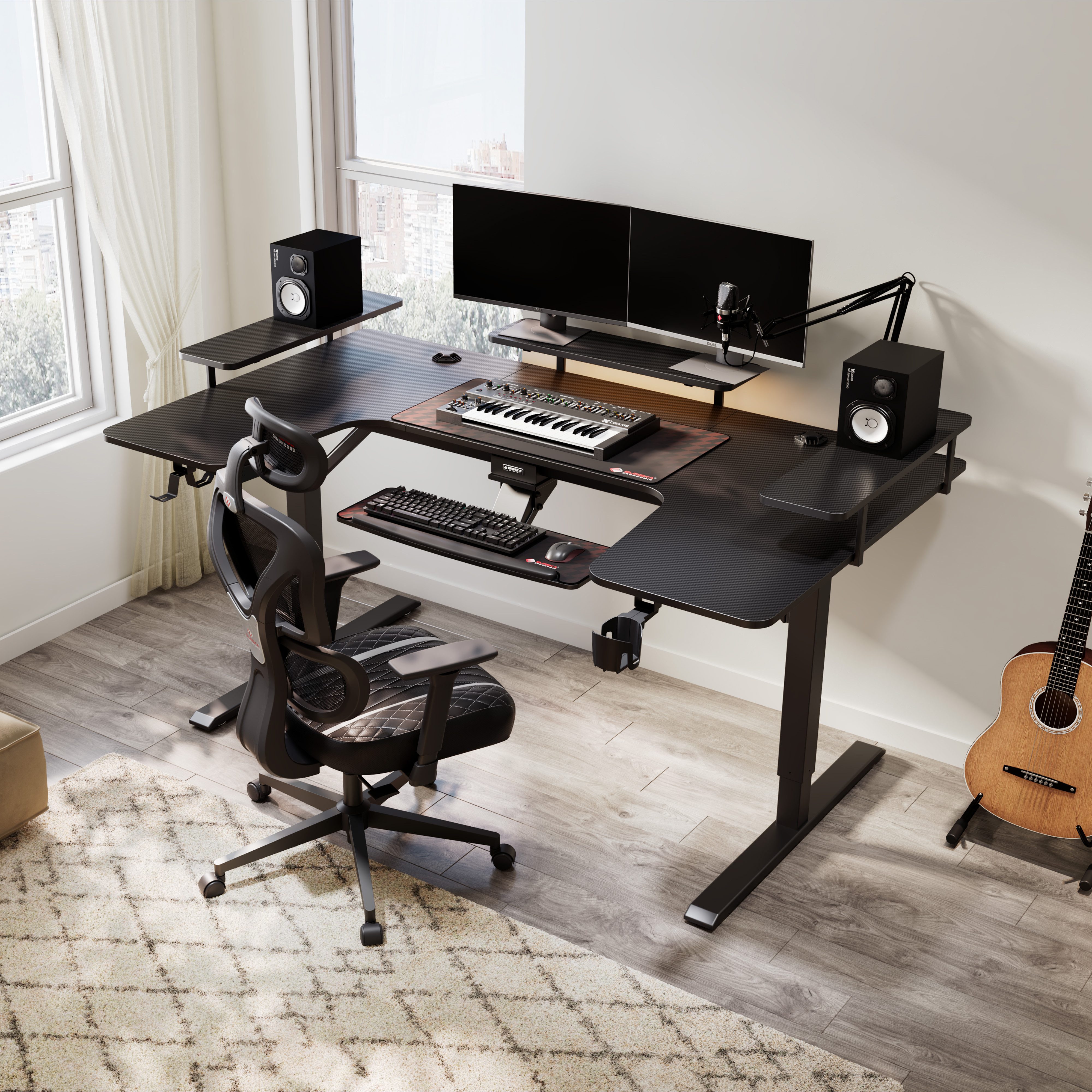 EE EUREKA ERGONOMIC Gamingtisch Höhenverstellbarer Elektrisch, 190×110 cm, Ergonomischer Computertisch (1-St., Computertisch mit Kopfhörerhaken, Getränkehalter und glatten Mauspad), mit Tastaturablage und 3 LED Monitorständern U-förmiger Schwarz Großen
