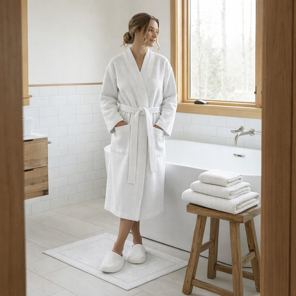 Egeria Bademantel LIVA, Langform, Baumwolle, Gürtel, Kimono, Waffelpiqué