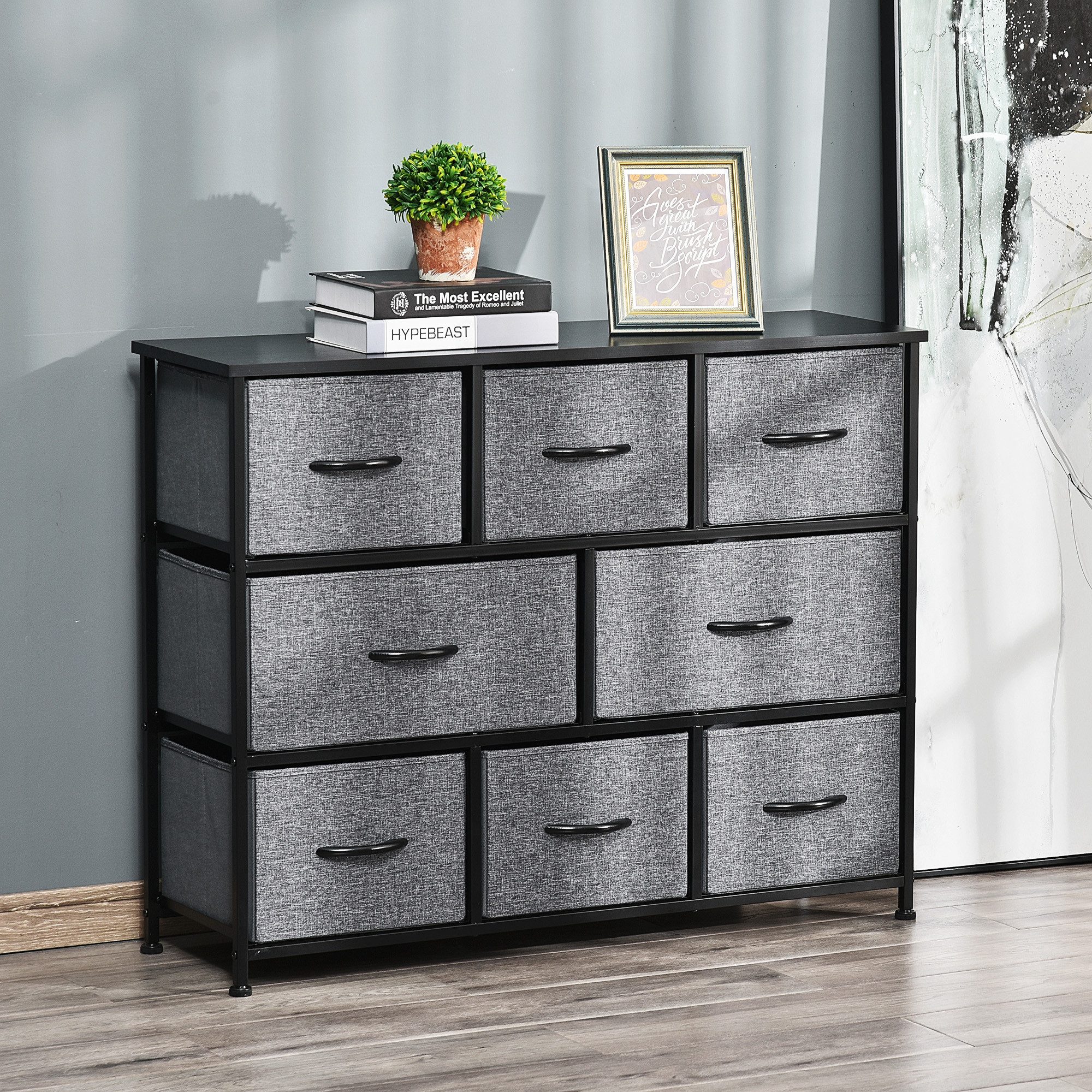 HOMCOM Kommode Aufbewahrungsschrank mit Griffen, Metallgestell, Modern-Design (Sideboard, 1 St., Kommodenschrank), für Schlafzimmer, Wohnzimmer Dunkelgrau