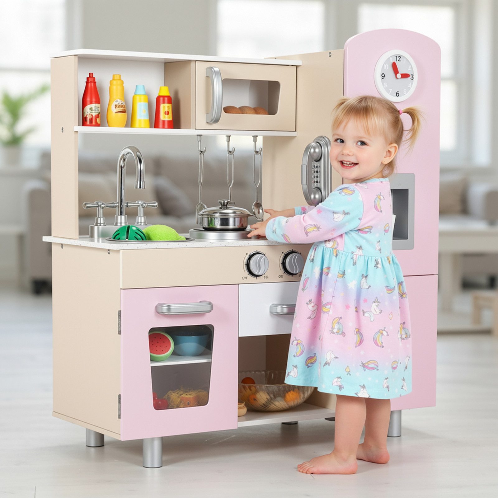 TLGREEN Spielküche mit Licht und Sound, Игрушкиküche für Kinder 81x74x30 cm, Kinderküche Holz,Puppenküche mit Herd, Eismaschine, Telefon, Uhr