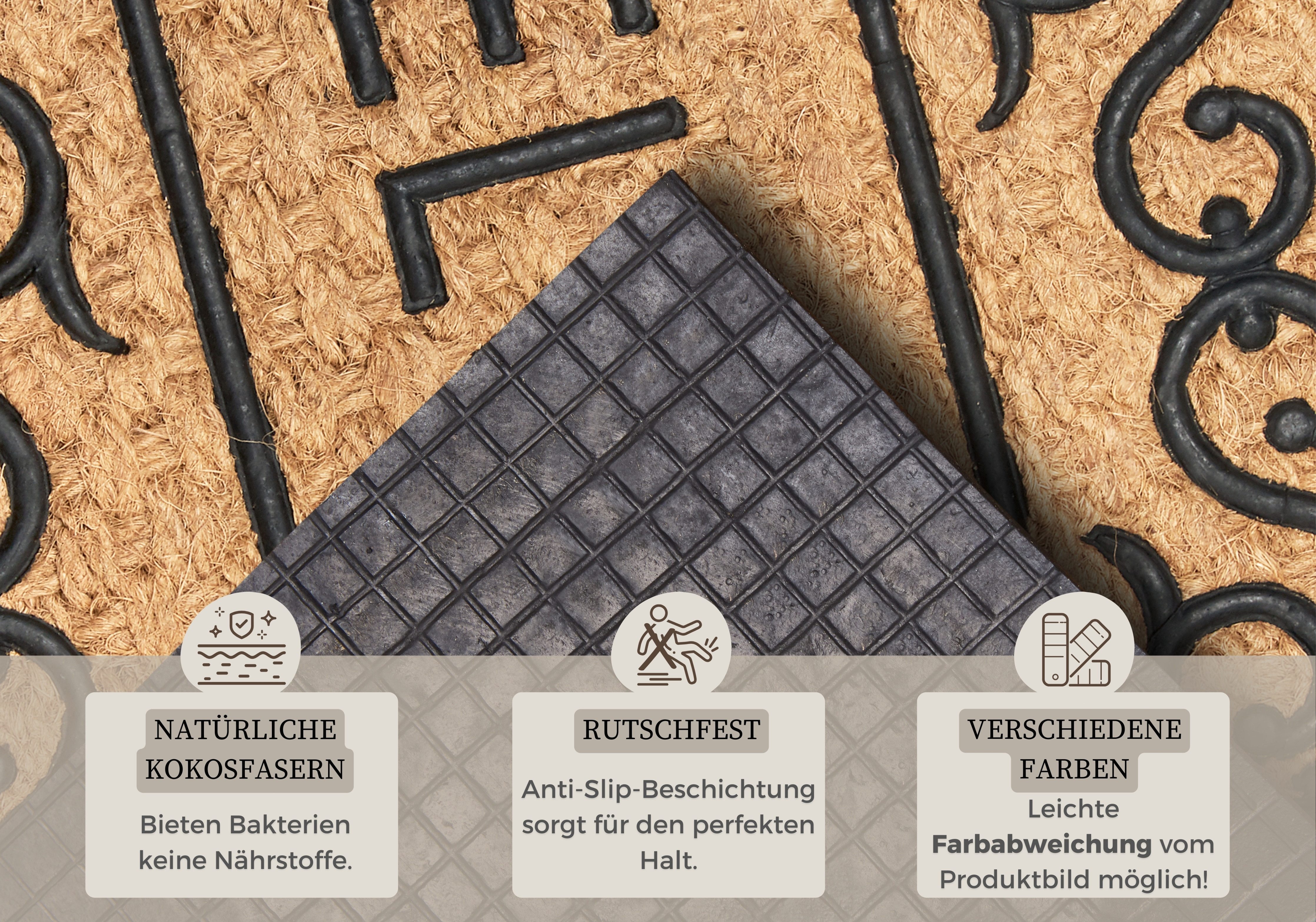 HANSE Home Fußmatte Mix Mats Gummi-Kokos Welcome Floral Border, Türmatte, rechteckig, Höhe: 15 mm, Kokos, Gummi, Schmutzfangmatte, Outdoor, Rutschfest, Innen, Kokosmatte