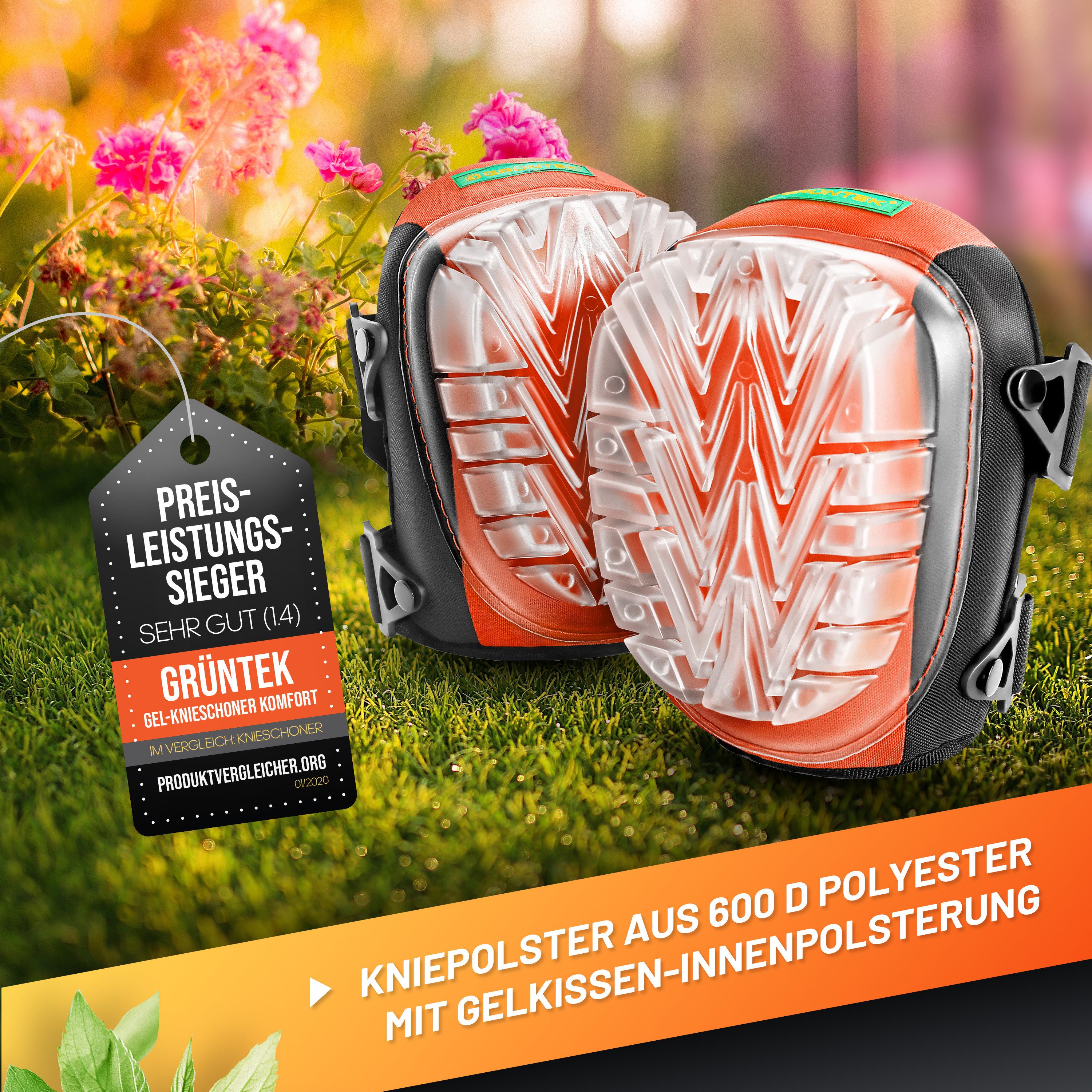 GRÜNTEK Knieprotektor Kniepolster mit Kunststoff-Hartschalen, 2 Strips, Kniekissen (Set, 2-tlg., 2-tlg. für Garten Handwerk Zuhause, Fliesen Laminat Parkett ver – Bild 2 von 5
