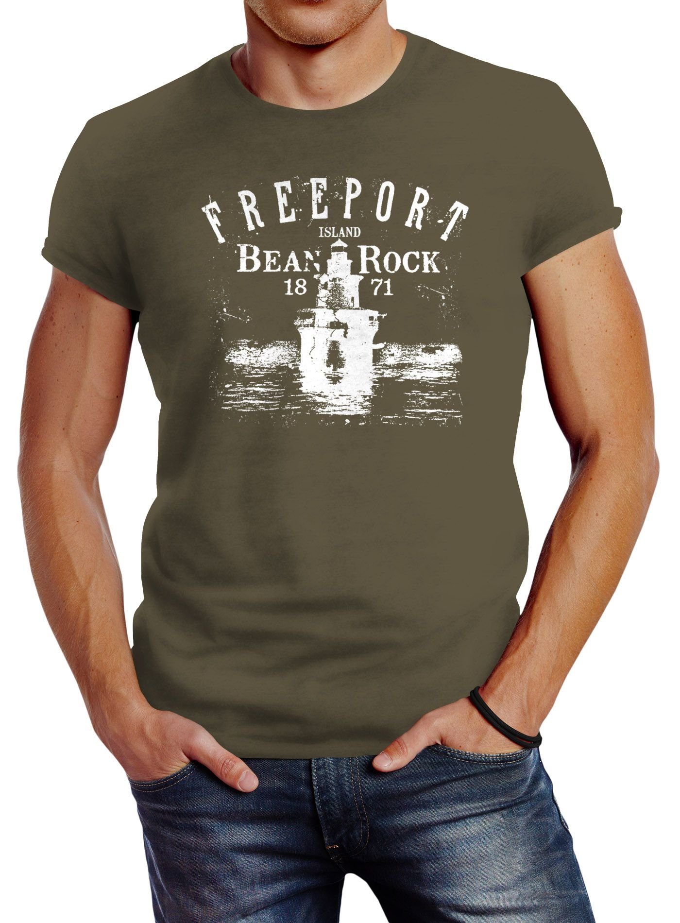 Print-Shirt Herren T-Shirt Retro Print Leuchturm Motiv Schriftzug Freeport Island