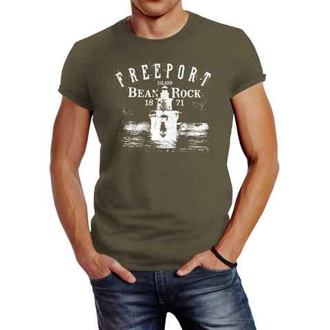 Neverless Print-Shirt Herren T-Shirt Retro Print Leuchturm Motiv Schriftzug Freeport Island Fashion Streetstyle Neverless® mit Print