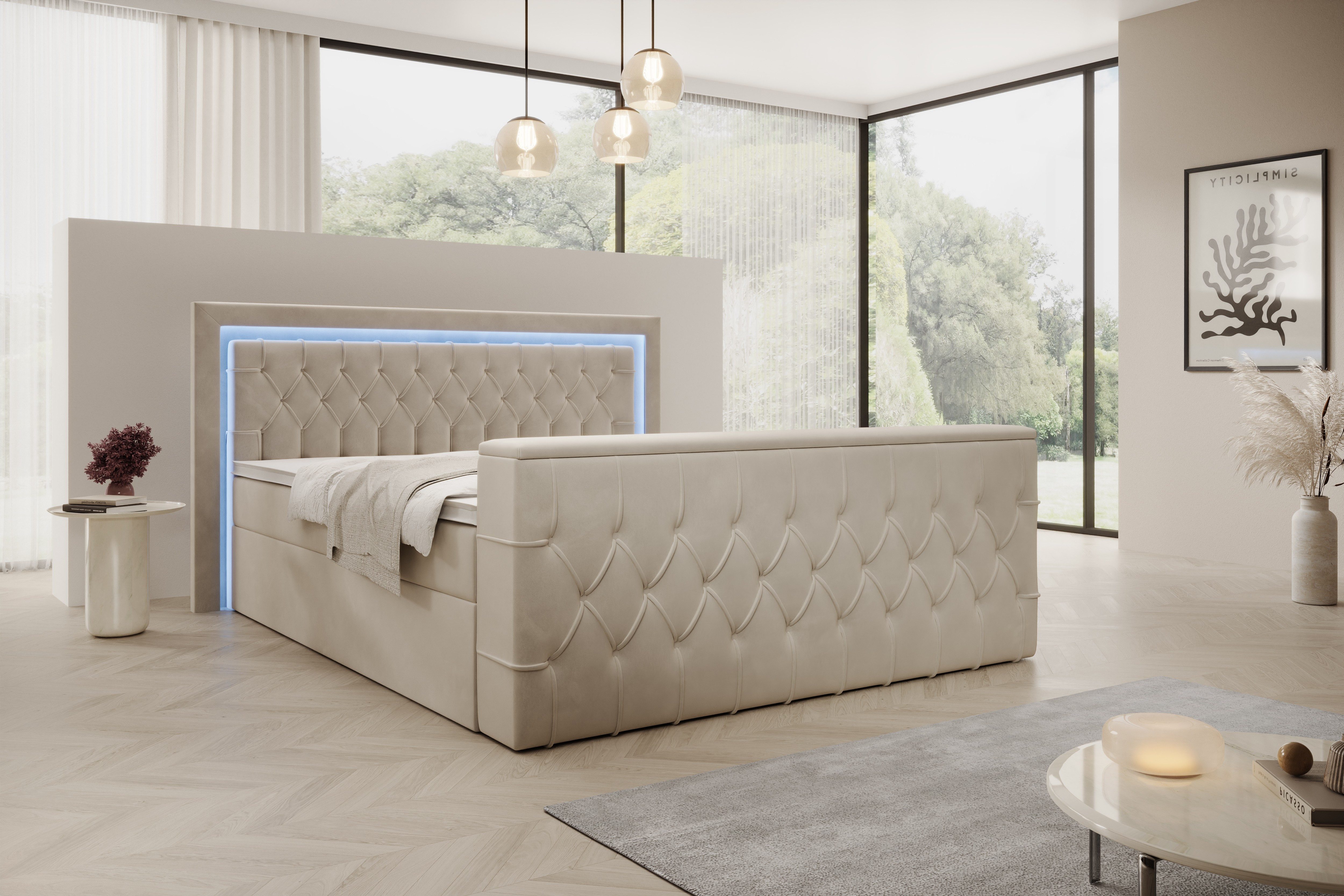 PROMETO Möbel Boxspringbett Doppelbett 180x200cm mit Matratze, Bettkasten TV-Lift LED Beleuchtung