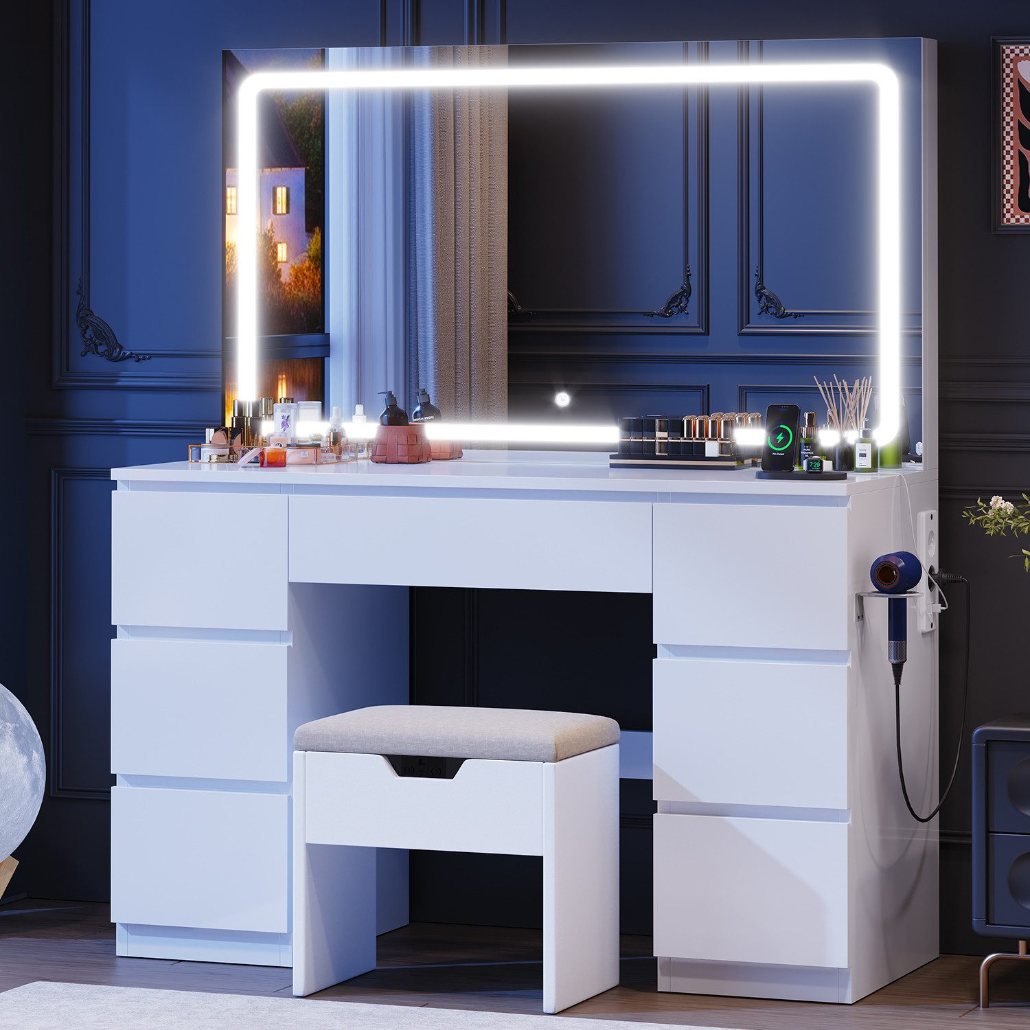 Schminktisch mit 7 Schubladen mit 2 Steckdosen 1 USB-Anschluss 1 Tycp-Anschluss