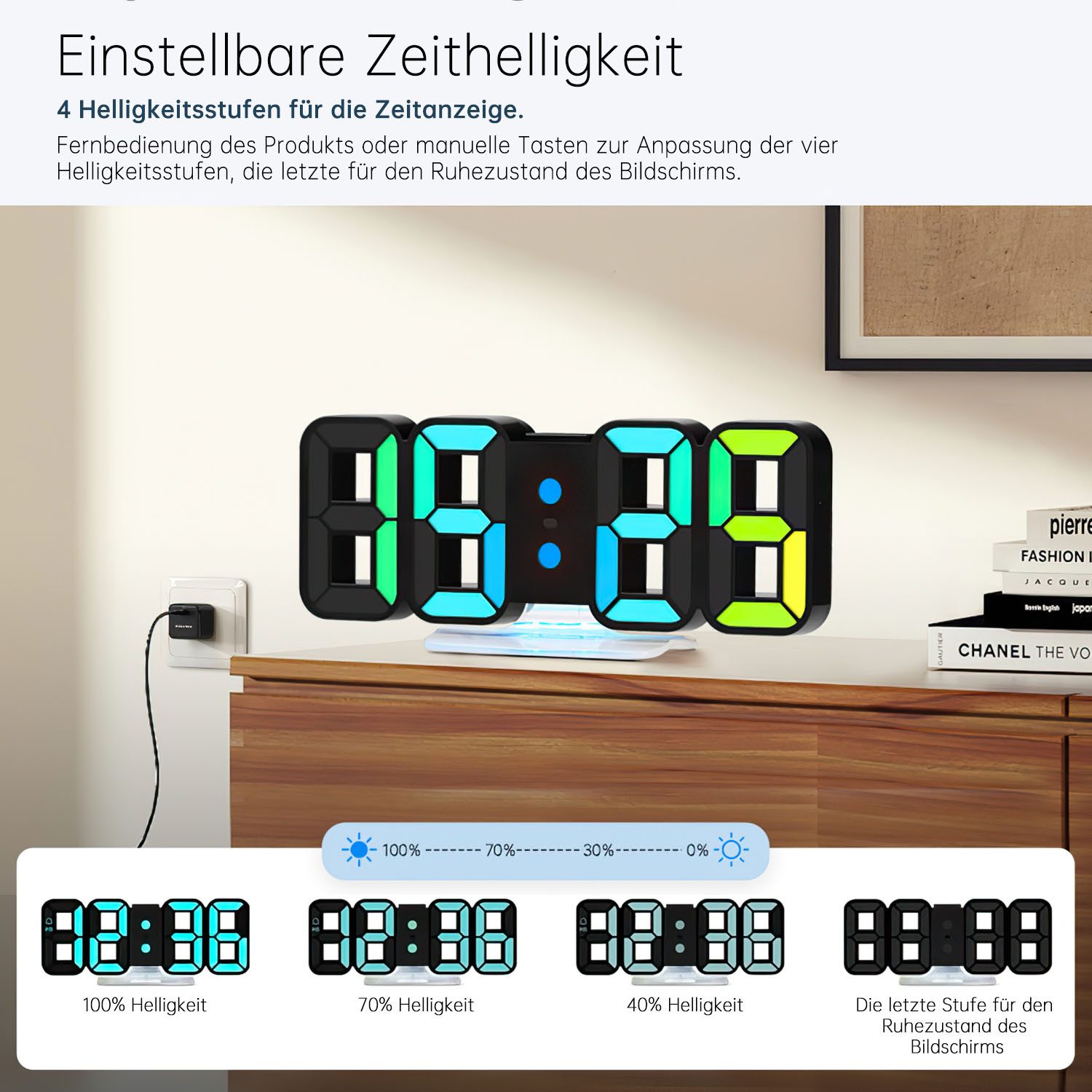 AIMAX Wecker Wecker uhr Dimmbar Stufenlos Digitalwecker Wanduhr 3 Einstellbaren Helligkeitstufen dimmbare Nachtlichtfunktion – Bild 3 von 5