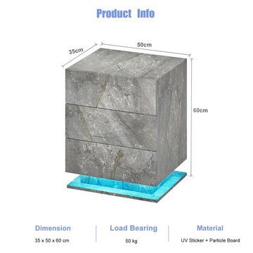 radelldar Nachttisch Nachtschrank Marmor Effekt Kommode Hochglanz, 3 Schubladen, 50x35x60cm