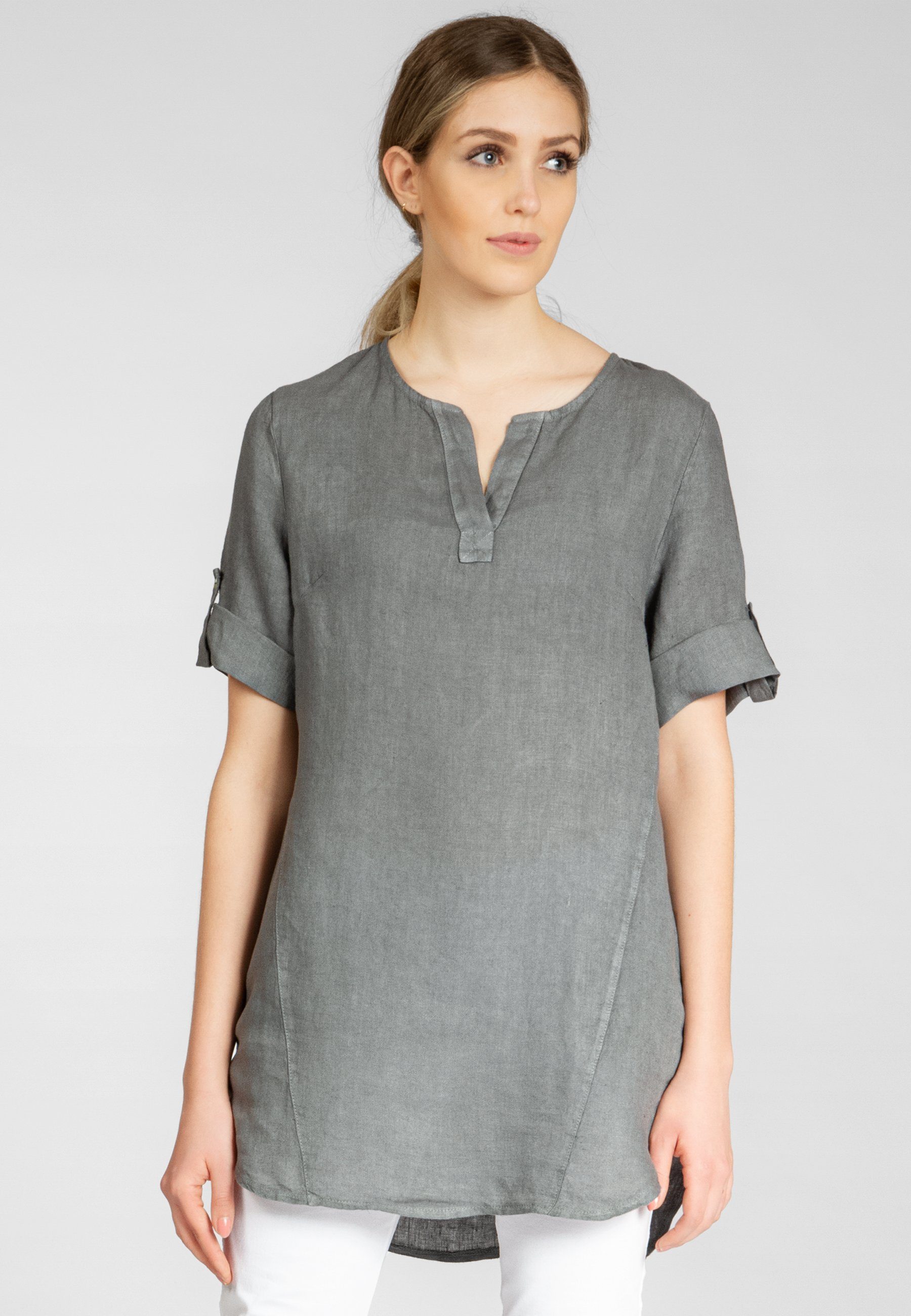 Longbluse BLU023 lange elegante Damen Halbarm Sommer Leinenbluse