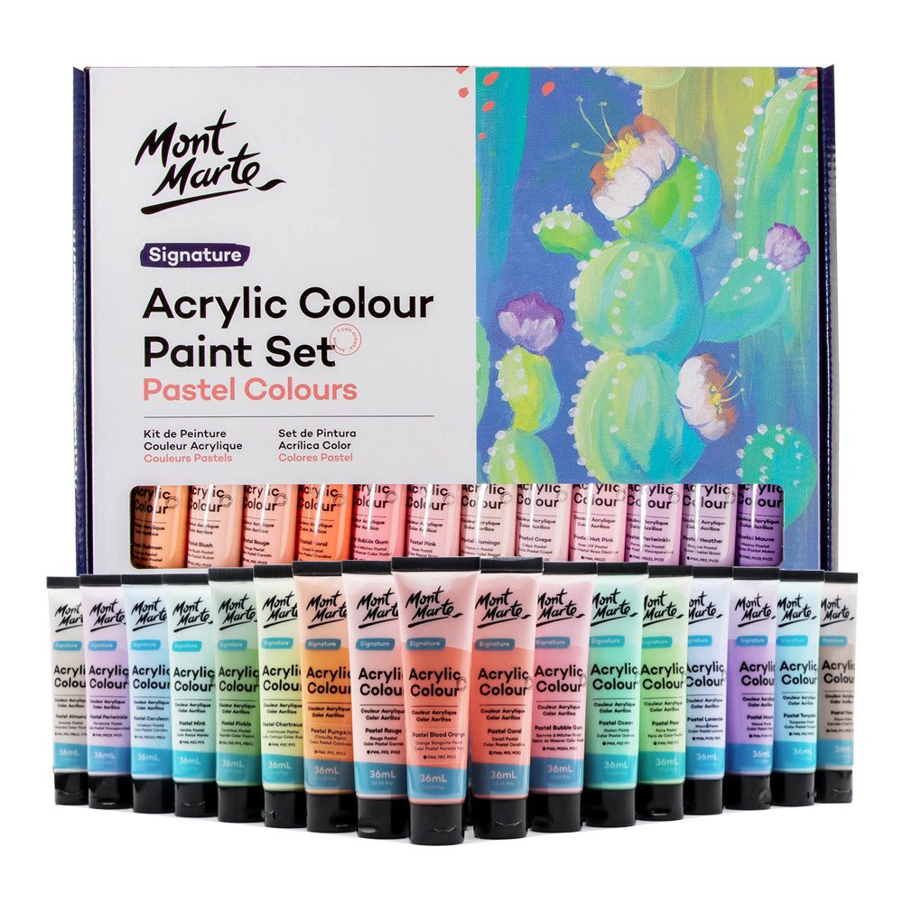 Mont Marte Acrylfarbe Pastell Set 12 / 18 / 24 / 48 x 36 ml –Deckkraft & Seidenmattes Finish, Pastellfarben für Leinwand, Karton, Papier, Ton, Holz, Steine uvm.