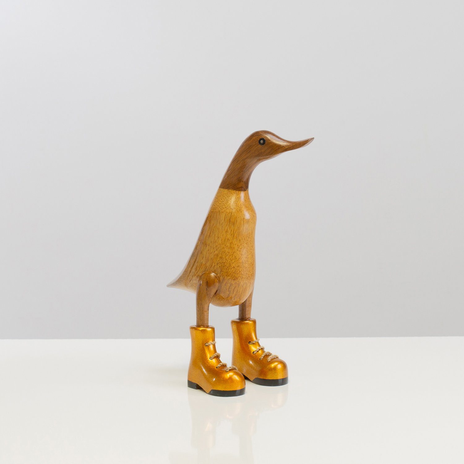 Rikmani Dekofigur Holzfigur Ente Stiefel - Handgefertigte Dekoration aus Holz Geschenk (3-er Set), 3 Holzarten gold