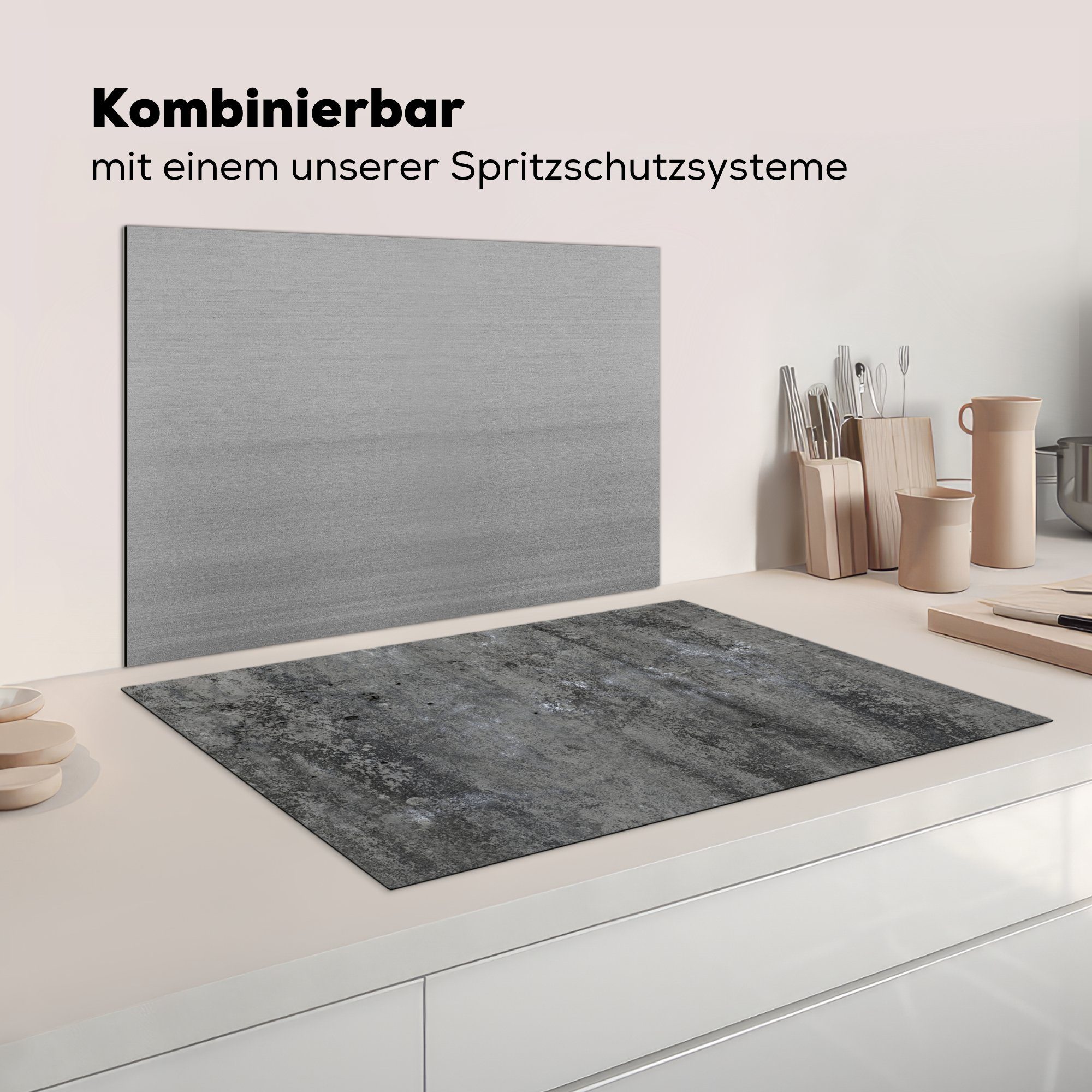 Schutz Vinyl, - (1 Ceranfeldabdeckung tlg), Weiß für die cm, MuchoWow - 81x52 Schotter, Herdblende-/Abdeckplatte Beton Induktionskochfeld Schwarz küche, -