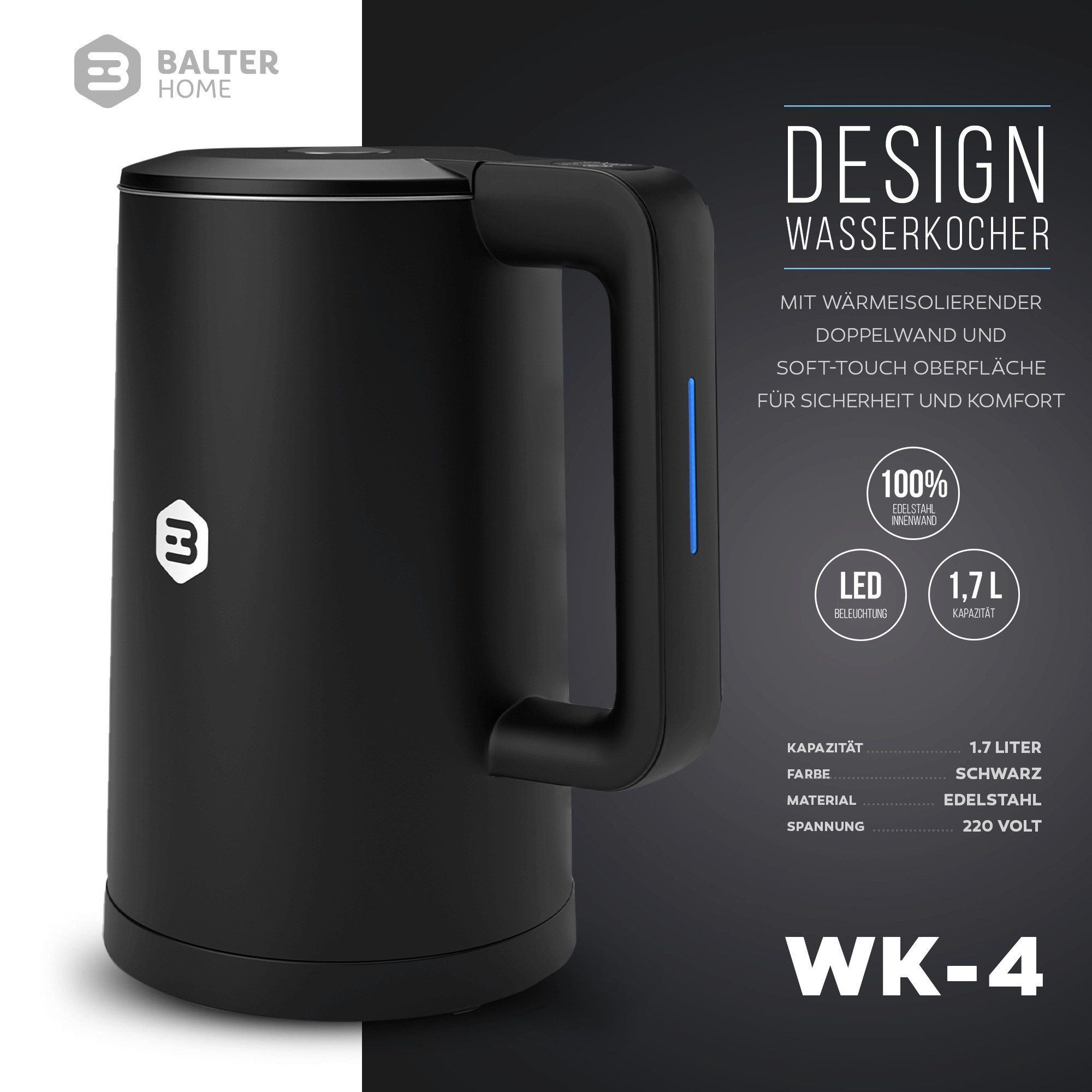 Balter Wasserkocher Wasserkocher WK-04-Touch-BL, 1.7 l, 1800 W, Temperatureinstellung, Doppelwanddesign, Berührungssicher