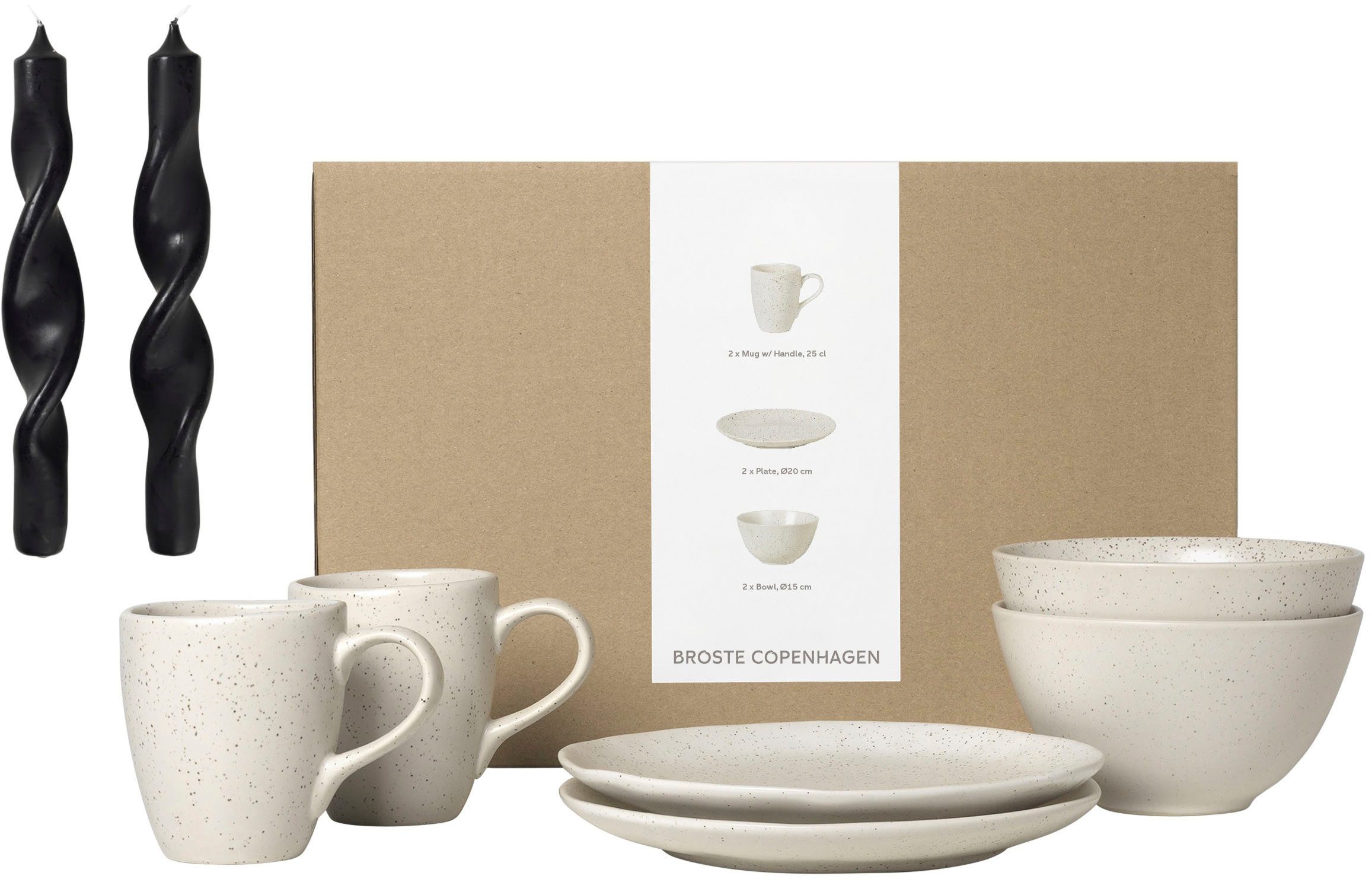 Broste Copenhagen Frühstücks-Geschirrset Nordic Vanilla, inklusive 1 Packung Twist Kerzen (7-tlg), 2 Personen, Keramik, Beliebte Geschirr Sets Exclusiv mit Geschenk
