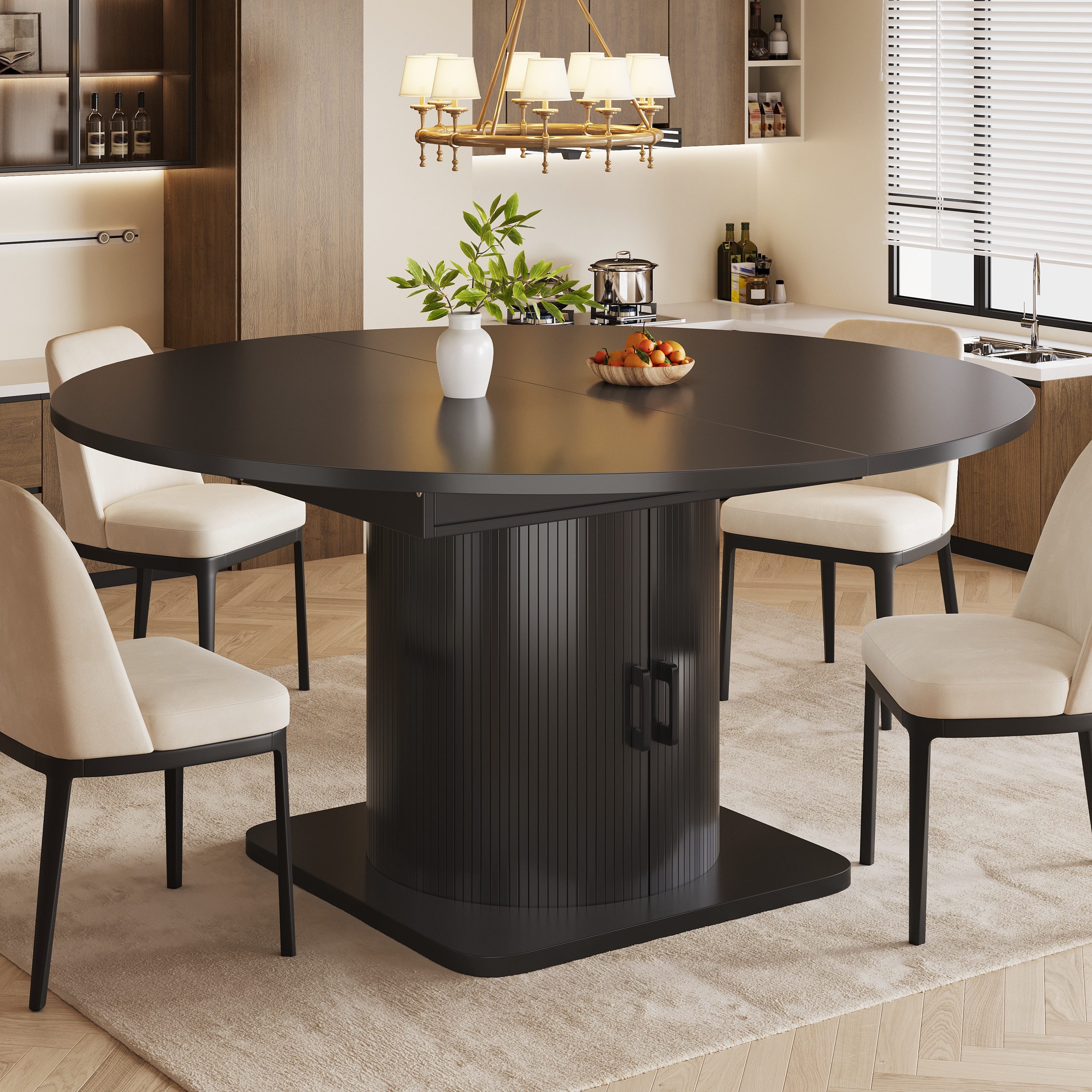 Flieks Esstisch runder/ovaler Küchentisch mit ausziehbarer Tischplatten (L118-158/T118/H76 cm, 1-St., 1 Tisch), erweiterbarer Esszimmertisch mit Schiebetüren und Weinregalen Schwarz