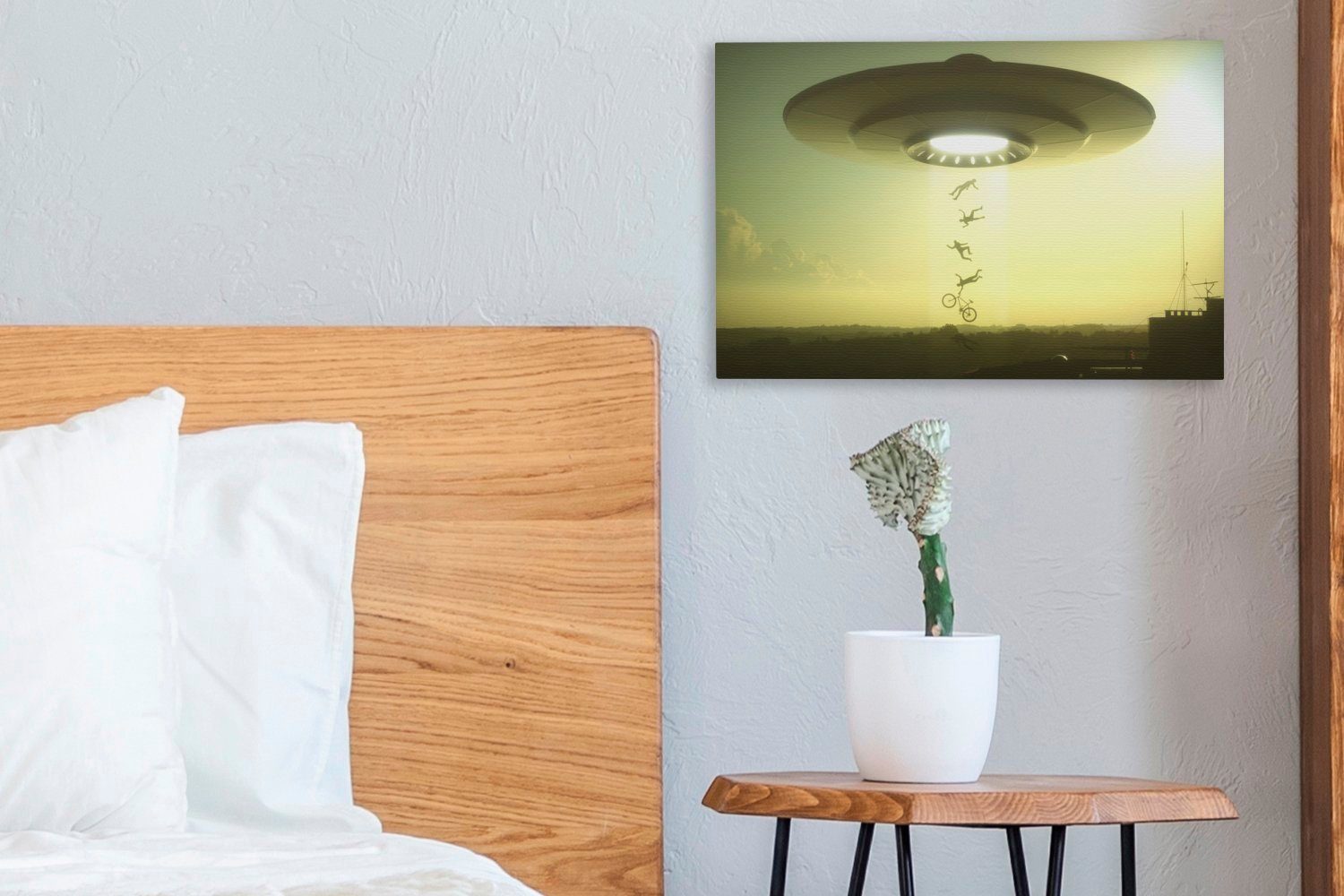 entführt UFOs, cm Jungen eines Eine das Mädchen, Illustration Wandbild Aufhängefertig, 30x20 Wanddeko, OneMillionCanvasses® - Menschen - Leinwandbild Leinwandbilder, (1 St),