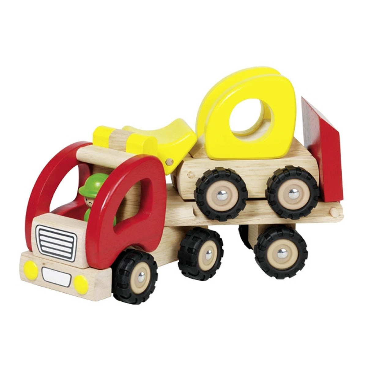 goki Spielzeug-Baumaschine Tieflader mit Radlader, (packung, set), aus Massivholz mit echter Gummibereifung für ein leises Abrollen.