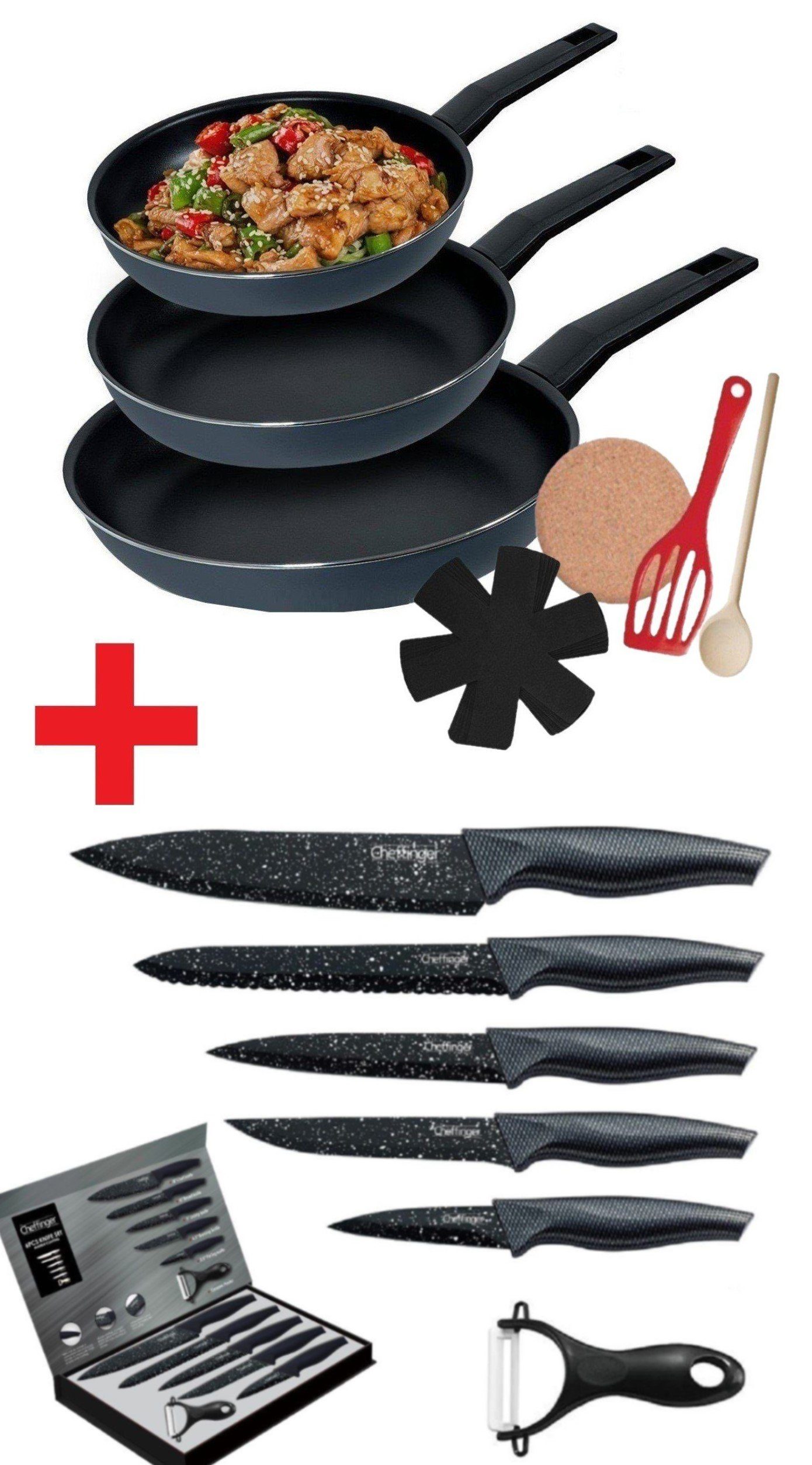 KESSMANN Pfannen-Set Induktion Bratpfannen 9tlg + Küchen Messerset 6tlg -KOMPLETT SET-, Aluminium (Set, 15-tlg., Inkl 1 Pfannenwender + 1 Untersetzer + 1 Löffel + 3 Einlagen Antihaft), Küchen Messer Set Messerblock Pfanne Pfannenset Knife Induktionsherd