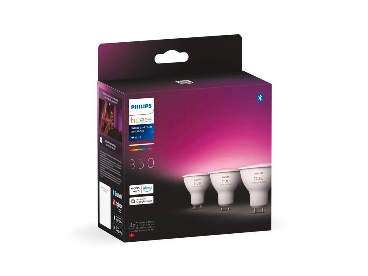 Philips Hue LED-Leuchtmittel GU10 Farbwechsler LED Leuchtmittel Dreierpack GU10, 230lm