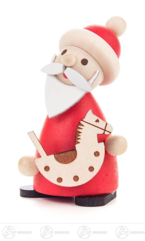 Dregeno Erzgebirge Weihnachtsfigur Weihnachtliche Miniatur Ruprecht mit Schaukelpferd Höhe ca 7 cm NEU, mit kleinem Schaukelpferd