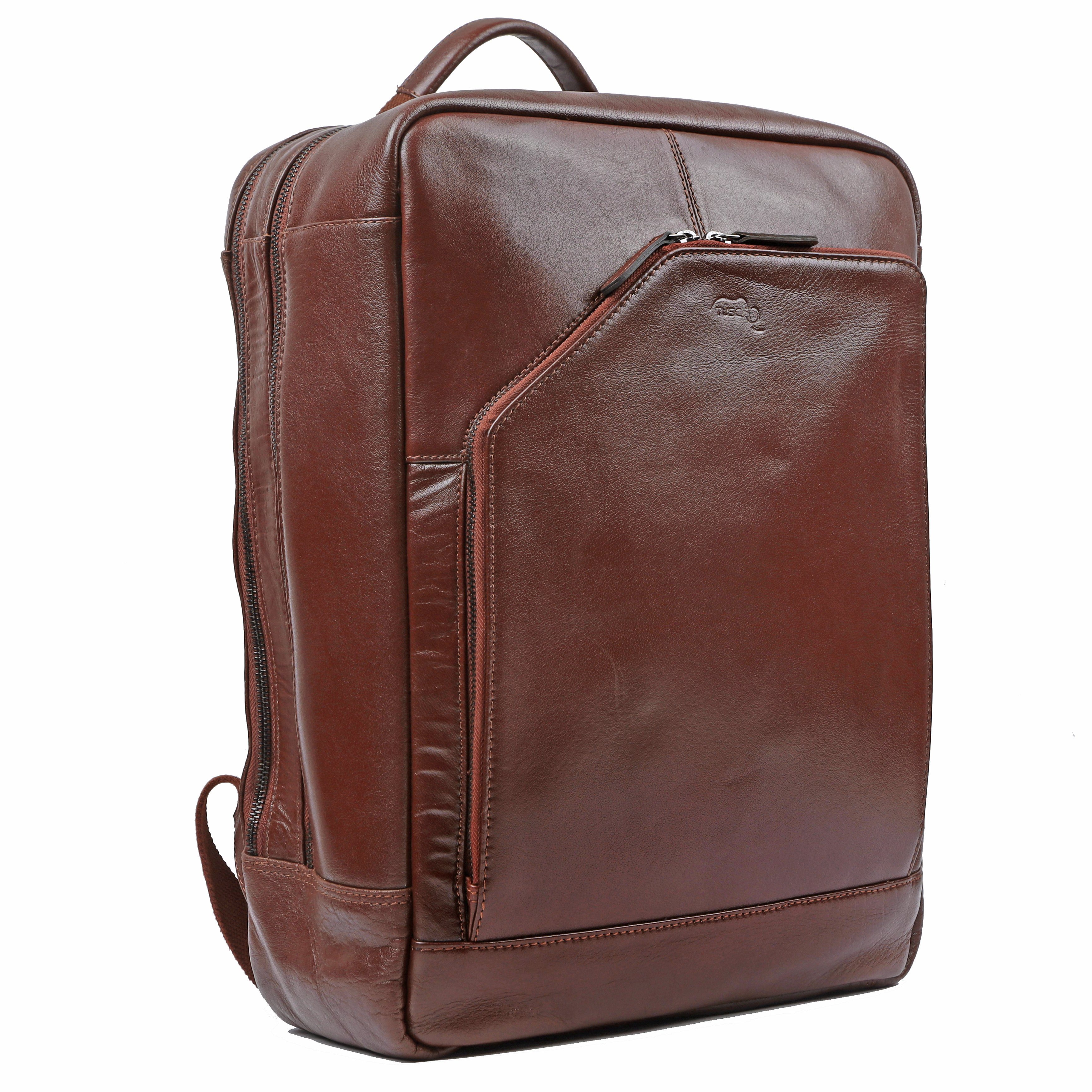 TUSC Tagesrucksack Corvus 15L, Premium Rucksack aus Leder für Laptop bis 15,6 Zoll. Cinnamon