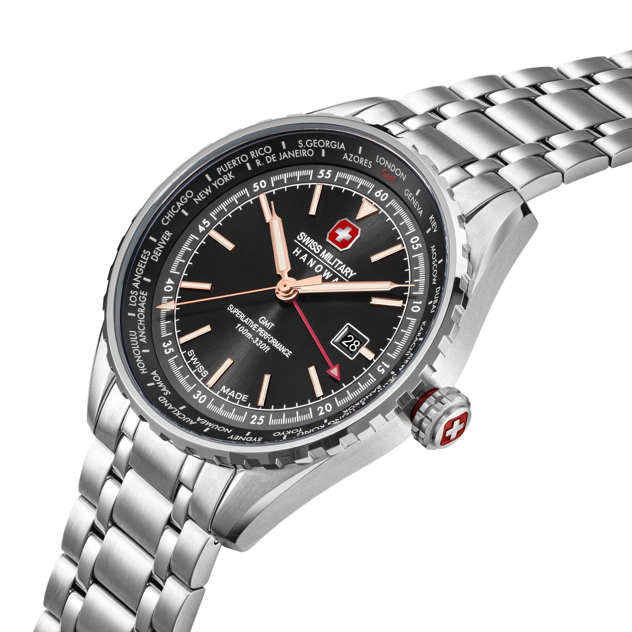 Swiss Military Hanowa Quarzuhr Afterburn GMT SMWGH0003203, Armbanduhr, Herrenuhr, Swiss Made, Edelstahlarmband, analog, Tag