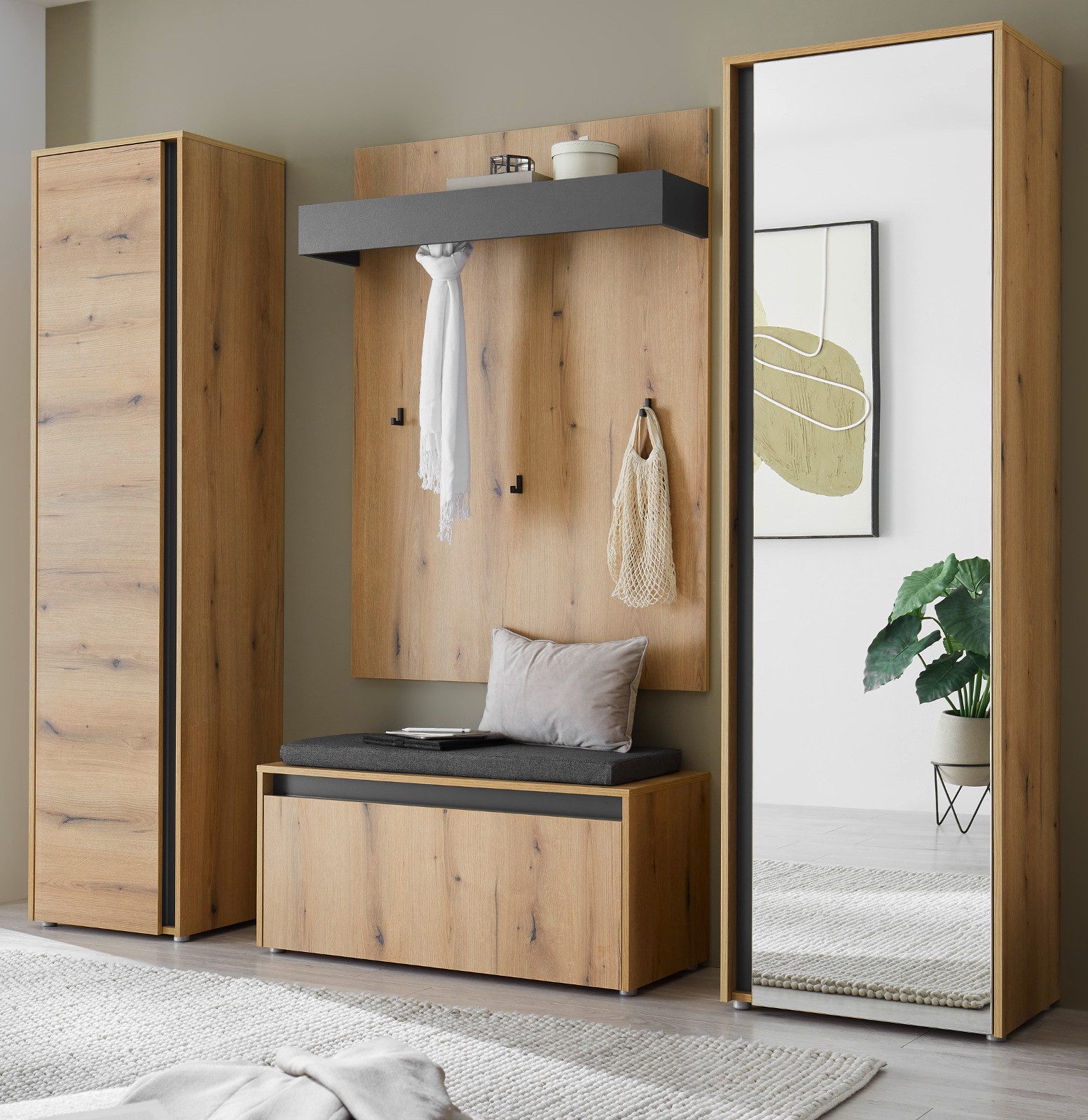 Furn.Design Garderoben-Set Center, (Flurgarderobe Komplett-Set in Eiche mit Grau, 5-teilig, 230 x 200 cm), mit Sitzkissen und großem Schuhschrank