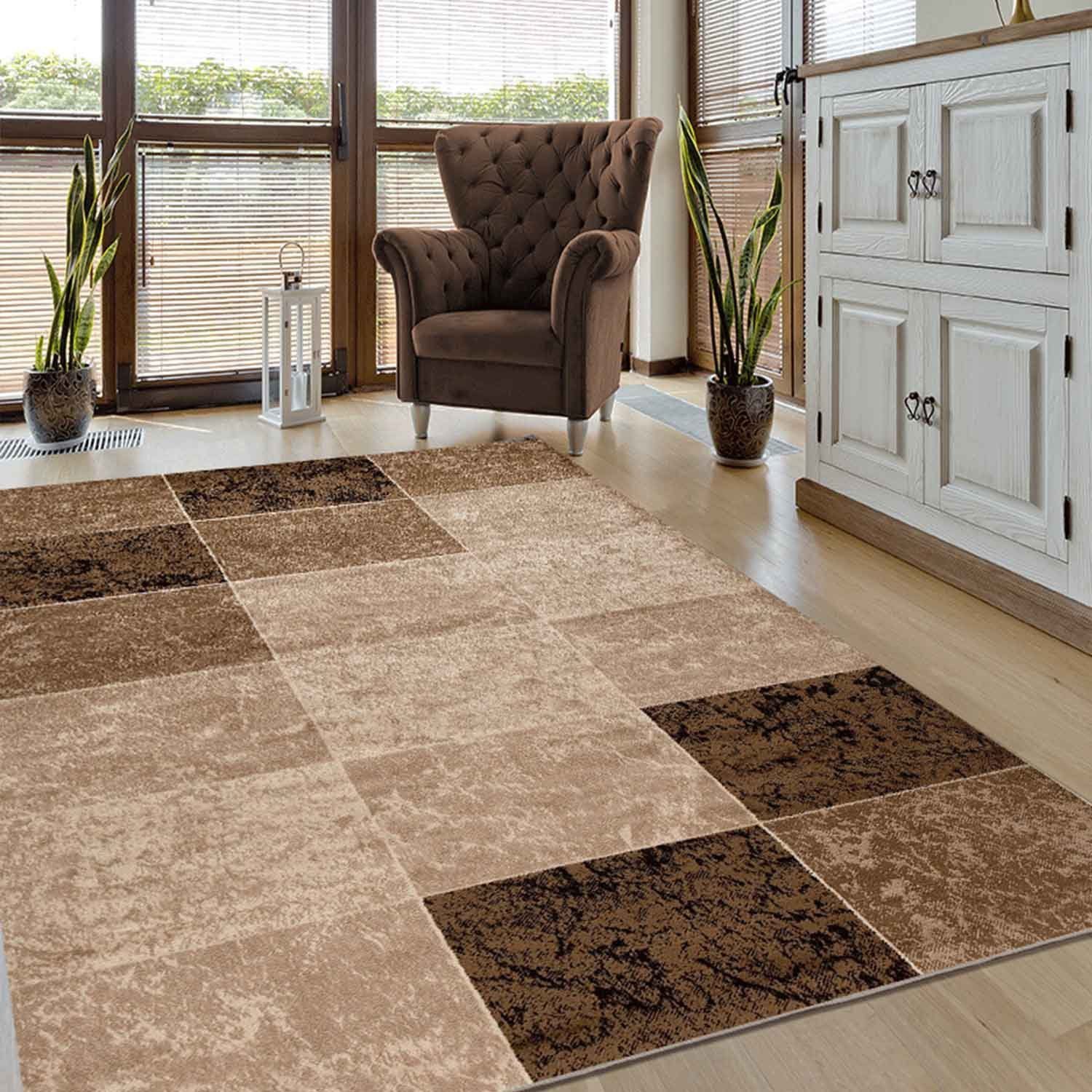 Vimoda Teppich Teppich Wohnzimmer Kariert Marmor Optik, Rechteckig, Höhe: 8 mm, Läufer Designteppich dicht Grau & Beigefür Wohnzimmer, Schlafzimmer
