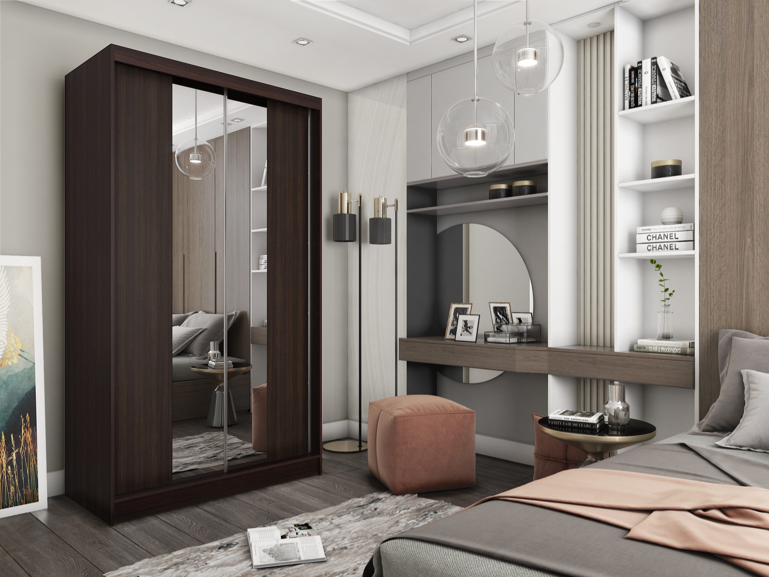 Masseno Schwebetürenschrank LUCENZA 120 cm Kleiderschrank mit Spiegel 2 Türen Wenge