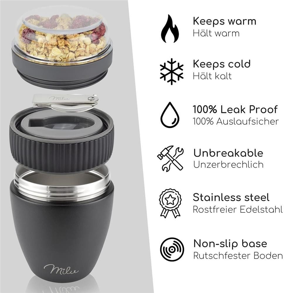 Milu Müslibox Müslibecher To Go Edelstahl 400 ml, isoliert, auslaufsicher, Müslimax Set