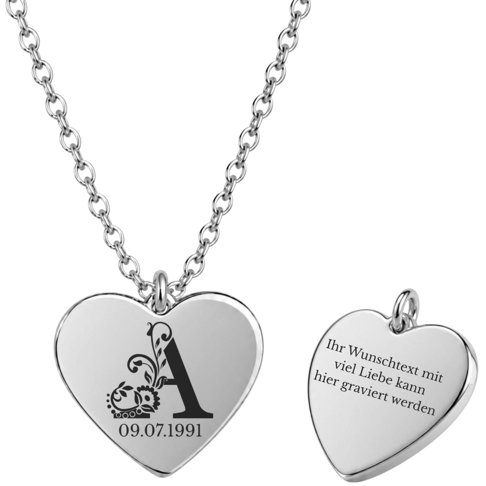 BS Schmuckdesign Kette mit Anhänger mit Gravur Personalisierte Halskette Damen Namenskette Herz Initiale (persönliche Gravur), inkl. Geschenkbox