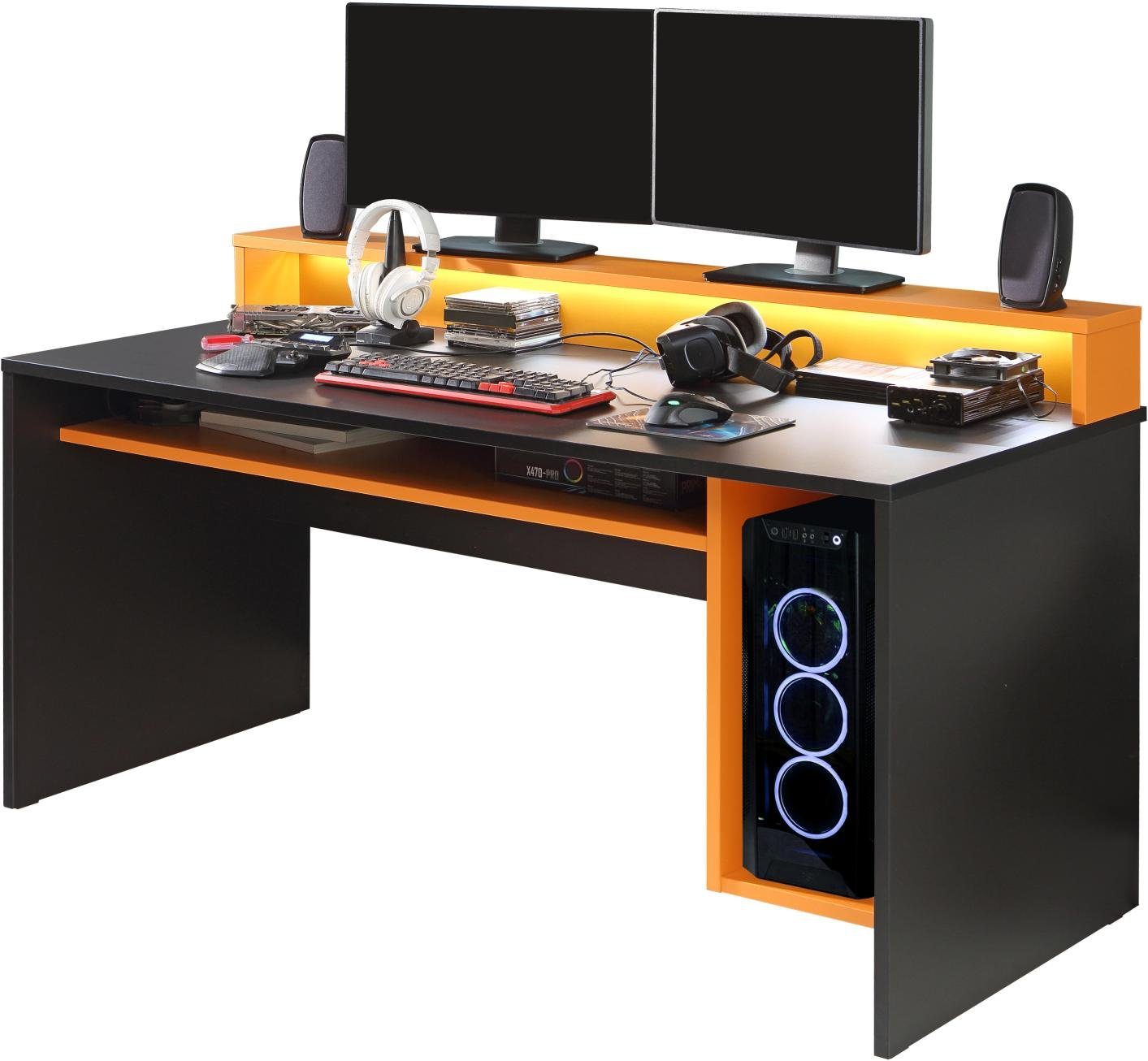 TEZAUR Gamingtisch 2B Tisch Black mit Möbel Computertisch Orange Forte Beleuchtung Gaming