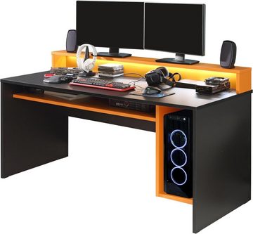 FORTE Gamingtisch Gaming Tisch TEZAUR 2B Computertisch Black Orange mit Beleuchtung