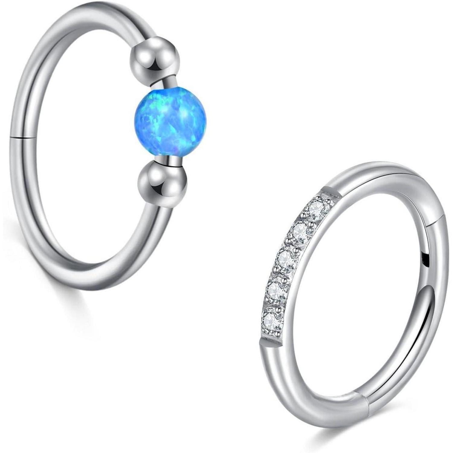 Nasenpiercing Nasenring 2Stk 16G Edelstahl Clicker Klappbar Septum Helix Blau Opal