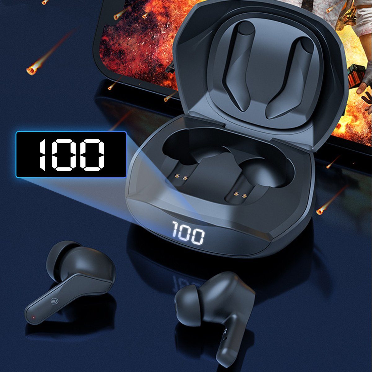 MOOHO Kabellose Kopfhörer, 2023 Neue Wireless Kopfhörer Schwarz Bluetooth-Kopfhörer (ENC Noise Cancelling Wireless Earbuds 40H Tiefer Bass, IPX6 Wasserdicht Ohrhörer LED-Anzeige USB-C, Siri, Dual-Mode-Kopfhörer: Gaming-Modus und Sprache & Musik-Modus)