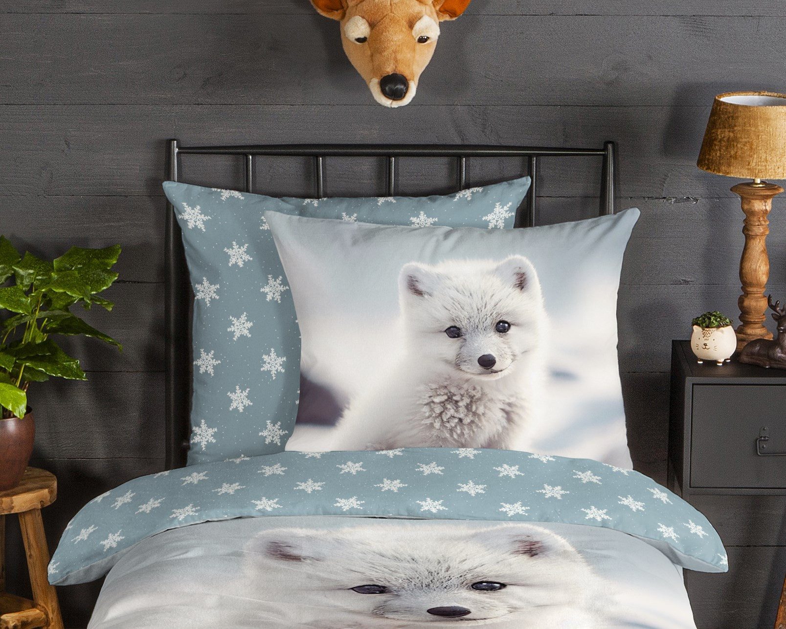 good morning Kinderbettwäsche Toss, Biber, Flanell, 2 teilig, Flanell, Biber, 135x200, Winter, Warm, Wende, Kind, Schnee, Weißfuchs