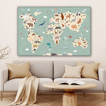 OneMillionCanvasses® Leinwandbild Erde - Weltkarte Kinder - Tiere - Jungen - Mädchen - Blau, (1 St), Leinwandbilder XXL für Wohnzimmer 150x100 cm