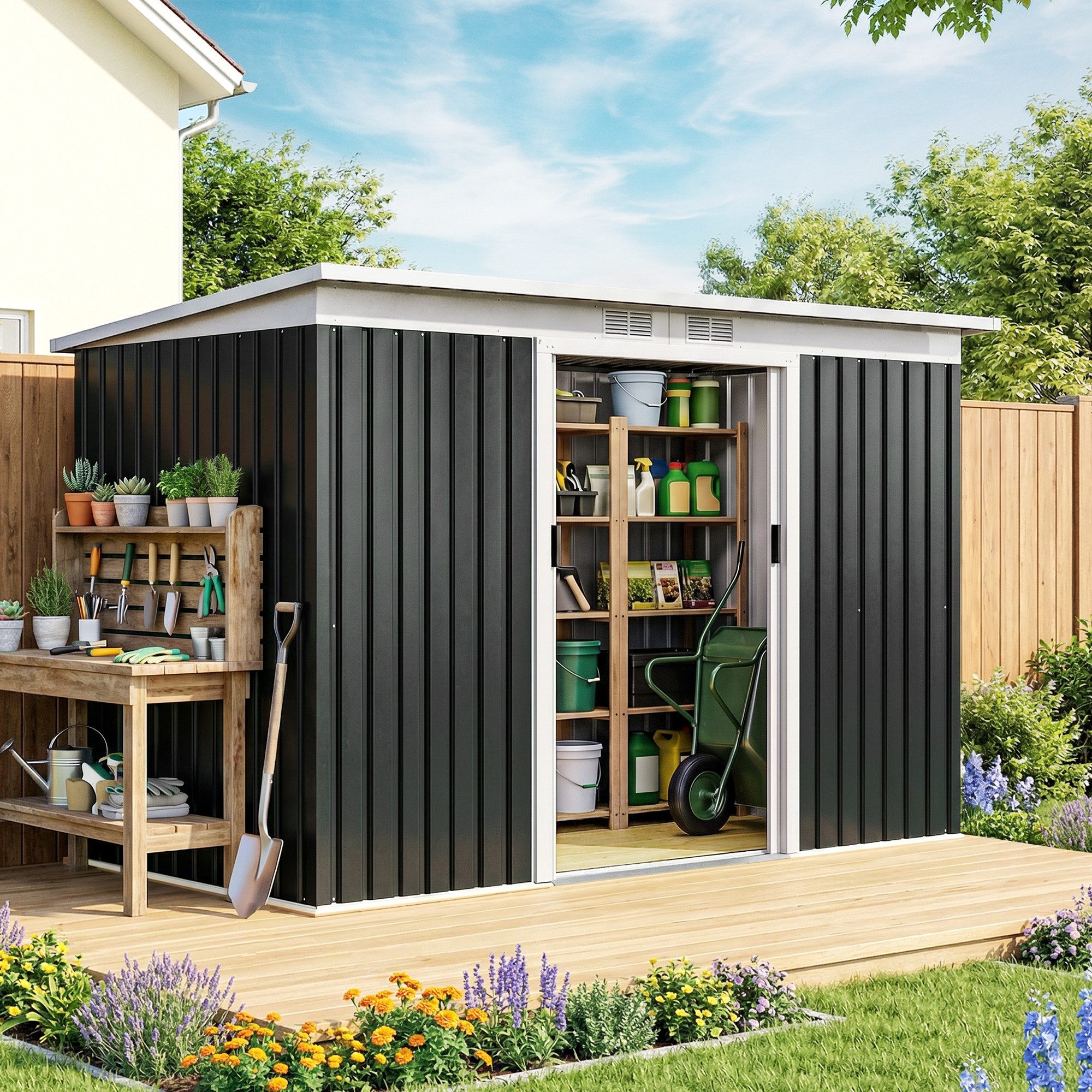 Outsunny Gerätehaus Metall Geräteschuppen mit Pultdach Schiebetür Dunkelgrau, BxT: 280x130 cm, (Schuppen, 1 St., Geräteschuppen), für Garten, Dunkelgrau